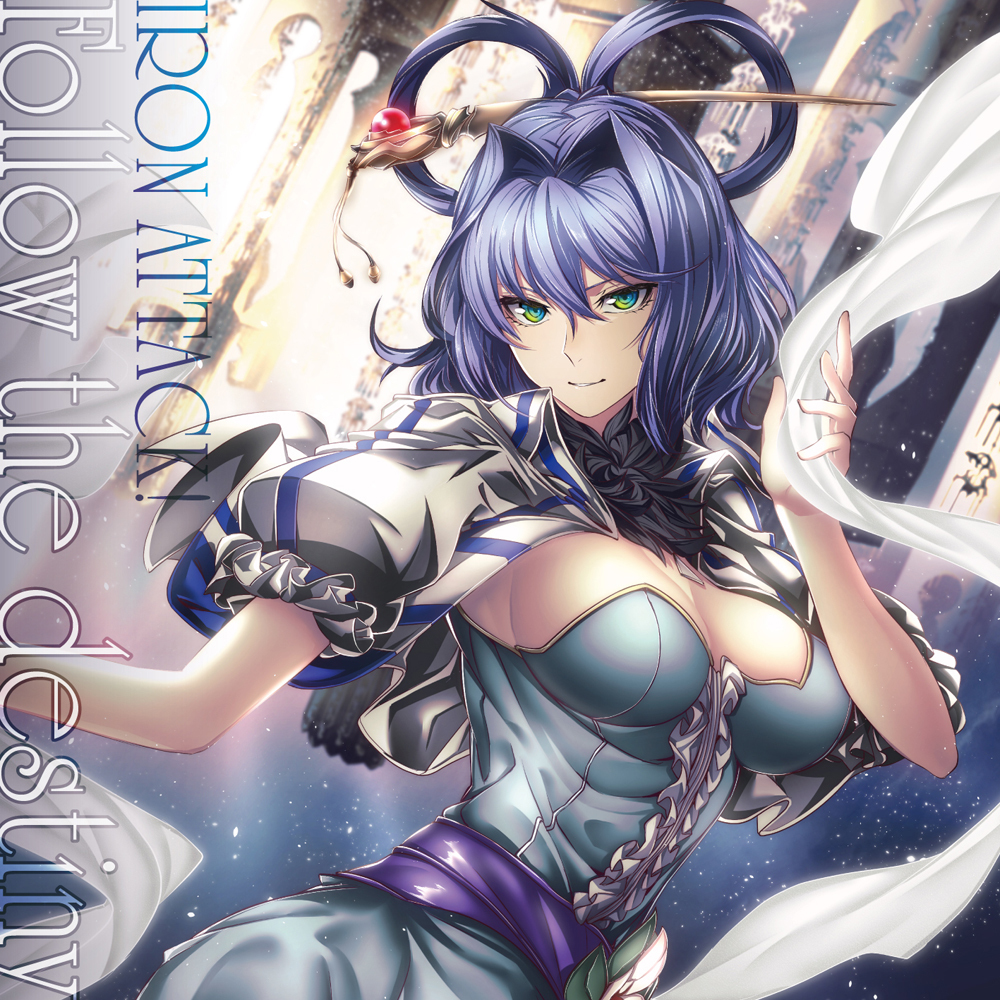 arikanrobo, kaku seiga, iron attack!, touhou, commentary request, second-party source, 1girl, adapted costume, album cover, album name, belt, black ribbon, blue dress, blue hair, breasts, center frills, circle name, cleavage, cover, cropped jacket, dress, dutch angle, english text, eyebrows hidden by hair, flower, frills, gold trim, gradient background, gradient eyes, green eyes, group name, hagoromo, hair between eyes, hair intakes, hair ornament, hair rings, hair stick, large breasts, light particles, looking at viewer, medium hair, multicolored eyes, neck ribbon, parted lips, puffy short sleeves, puffy sleeves, ribbon, shawl, short sleeves, smile, solo, upper body, v-shaped eyebrows