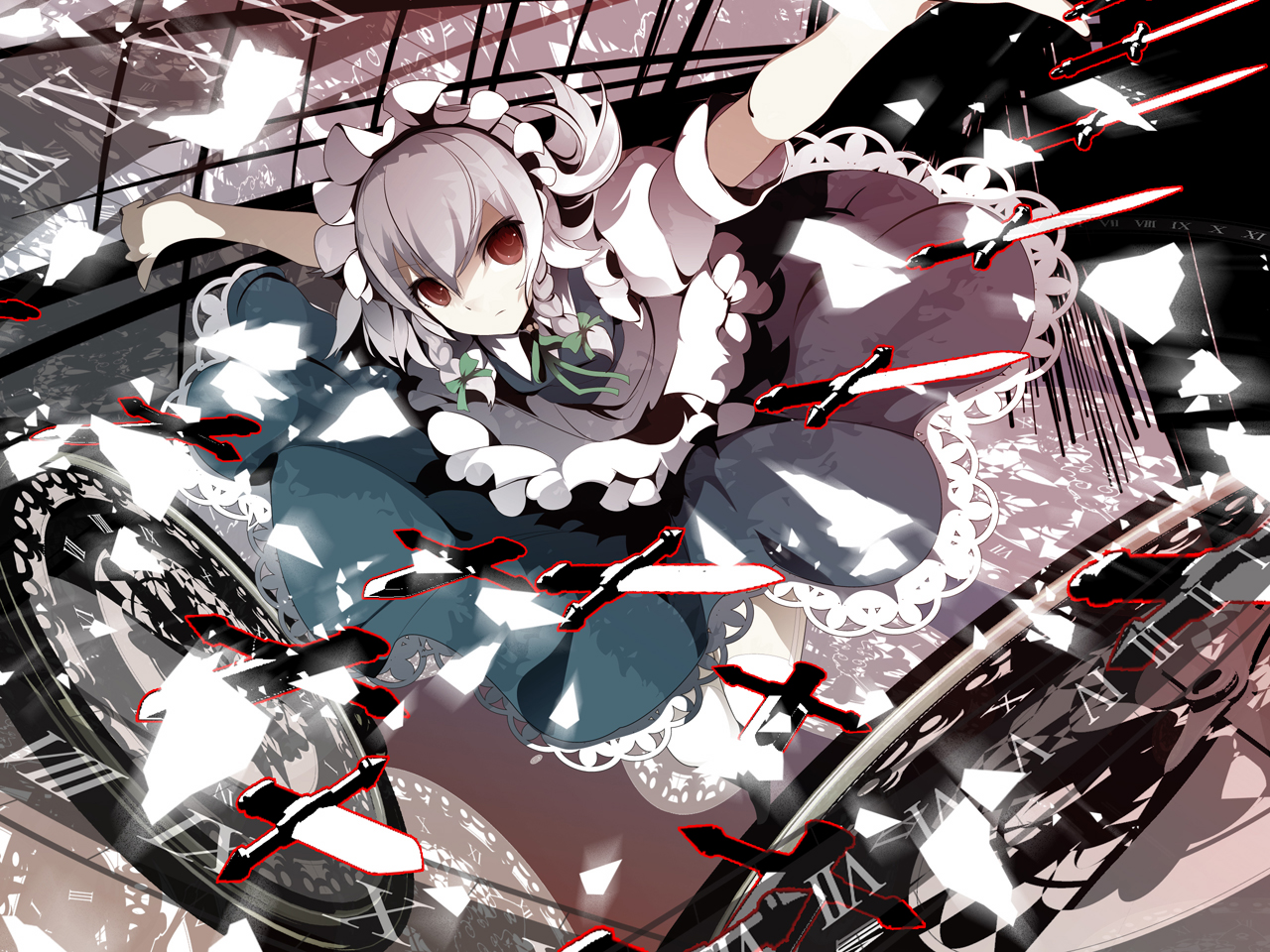 uki (room 405), izayoi sakuya, embodiment of scarlet devil, touhou, silver hair, 1girl, braid, clock, female focus, frills, gathers, knife, lace, maid, red eyes, solo, throwing knife, twin braids, weapon