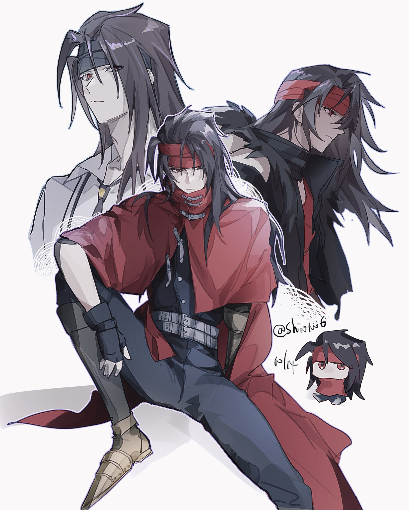 lily (shio1006), vincent valentine, vincent valentine (formal attire), vincent valentine (stray dog), final fantasy, final fantasy vii, final fantasy vii ever crisis, highres, 1boy, armored boots, belt, black coat, black gloves, black hair, black headband, black necktie, black pants, black shirt, boots, chibi, clawed gauntlets, cloak, closed mouth, coat, collared shirt, fingerless gloves, fur-trimmed coat, fur trim, gloves, gold boots, hair between eyes, headband, long hair, male focus, multiple belts, multiple views, necktie, pants, red cloak, red eyes, red headband, red shirt, shirt, sitting, solo, suspenders, twintails, white background, white shirt