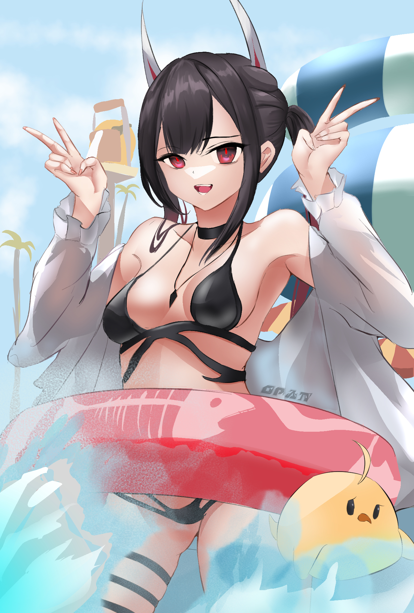 hatsuzuki (august's first romance) (azur lane), hatsuzuki (azur lane), manjuu (azur lane), azur lane, commentary, highres, 1girl, bikini, black bikini, black choker, black hair, breasts, choker, colored inner hair, double v, horns, innertube, long hair, looking at viewer, multi-strapped bikini bottom, multicolored hair, multiple thigh straps, navel, official alternate costume, open mouth, red eyes, red hair, shiroiopan, small breasts, solo, swim ring, swimsuit, twintails, two-tone hair, v, waterpark, white horns