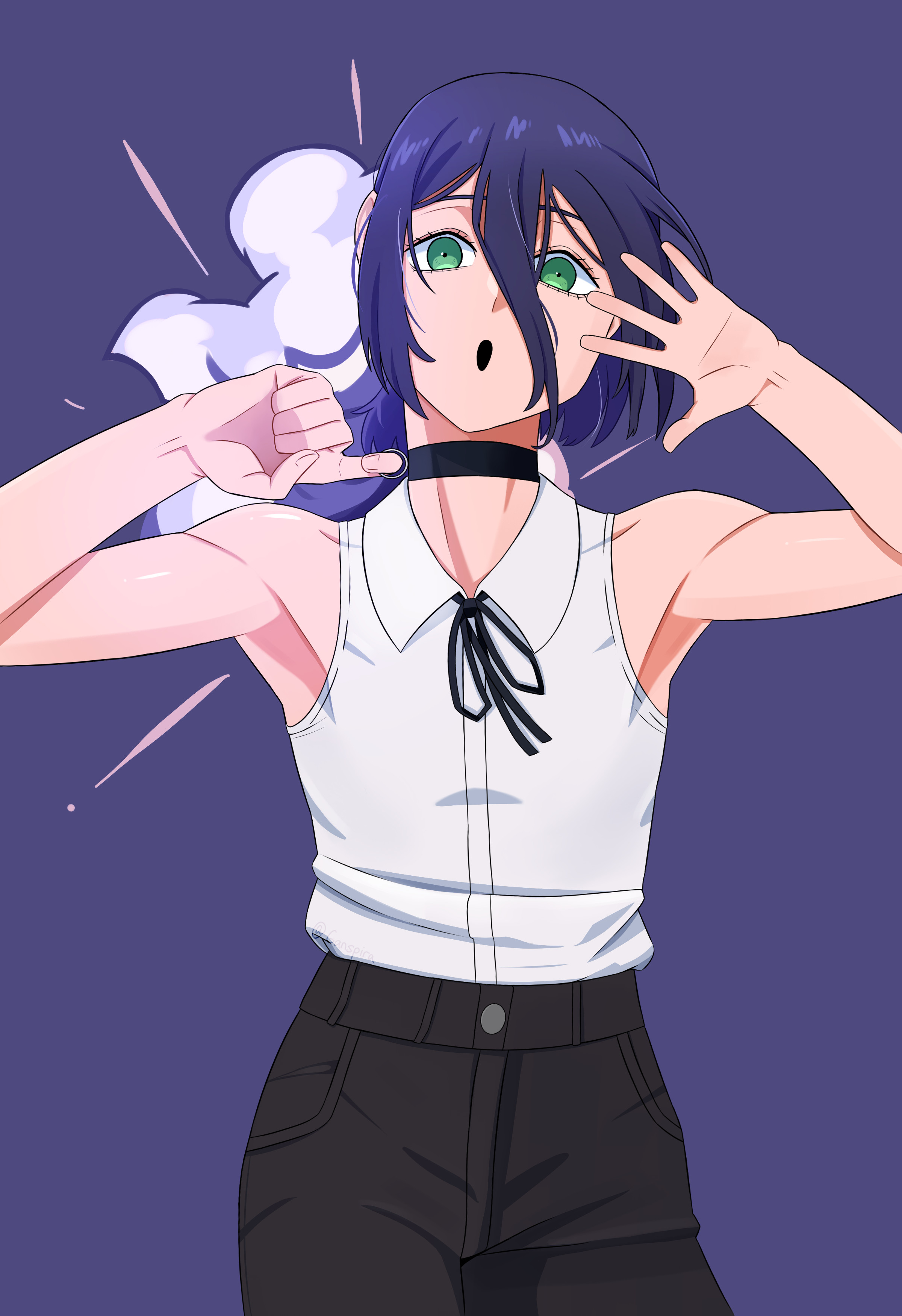sonicoitsxd, reze (chainsaw man), chainsaw man, absurdres, highres, 1girl, :o, black choker, black ribbon, blue hair, choker, collared shirt, flat chest, green eyes, grenade pin, hair between eyes, hair bun, neck ribbon, open mouth, purple background, ribbon, shirt, shirt tucked in, solo, white shirt