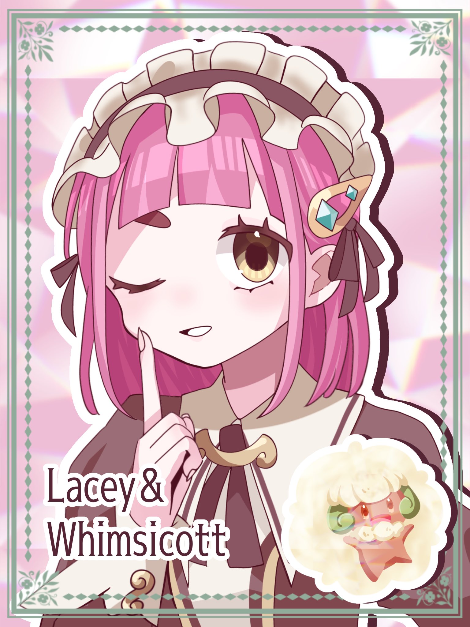 lacey (fall 2025) (pokemon), lacey (pokemon), whimsicott, nintendo, pokemon, pokemon masters ex, highres, 1girl, ;d, black dress, character name, dress, gen 5 pokemon, hair ornament, hairclip, index finger raised, juliet sleeves, long sleeves, looking at viewer, maid, maid headdress, official alternate costume, one eye closed, open mouth, pink hair, pokemon (creature), puffy sleeves, sat0327 nymphia, short hair, smile