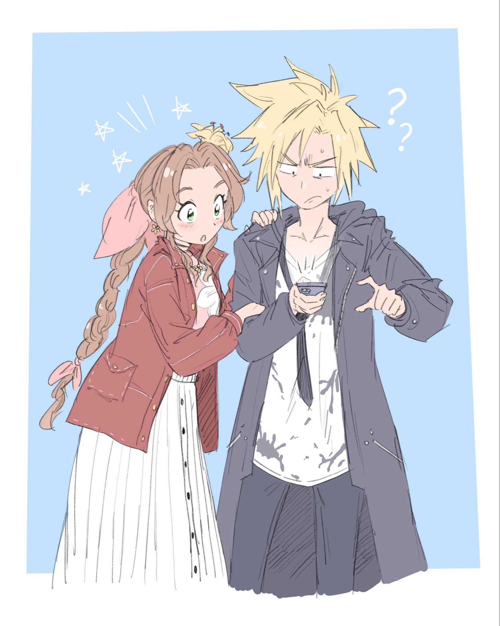 bervens12, aerith gainsborough, cloud strife, final fantasy, final fantasy vii, highres, 1boy, 1girl, ?, ??, alternate costume, black coat, black pants, blonde hair, blue background, braid, braided ponytail, brown hair, buttons, choker, coat, cowboy shot, dissidia duellum final fantasy, earrings, flower, flower choker, flower earrings, frown, furrowed brow, green eyes, hair flower, hair ornament, hair ribbon, hand on another's shoulder, holding, holding another's arm, holding phone, jacket, jewelry, light blush, lily (flower), long coat, long hair, long skirt, loose necktie, necktie, official alternate costume, pants, parted bangs, parted lips, phone, pink ribbon, pink shirt, red jacket, ribbon, shirt, short hair, sidelocks, single braid, skirt, spiked hair, sweatdrop, white shirt, white skirt, yellow flower