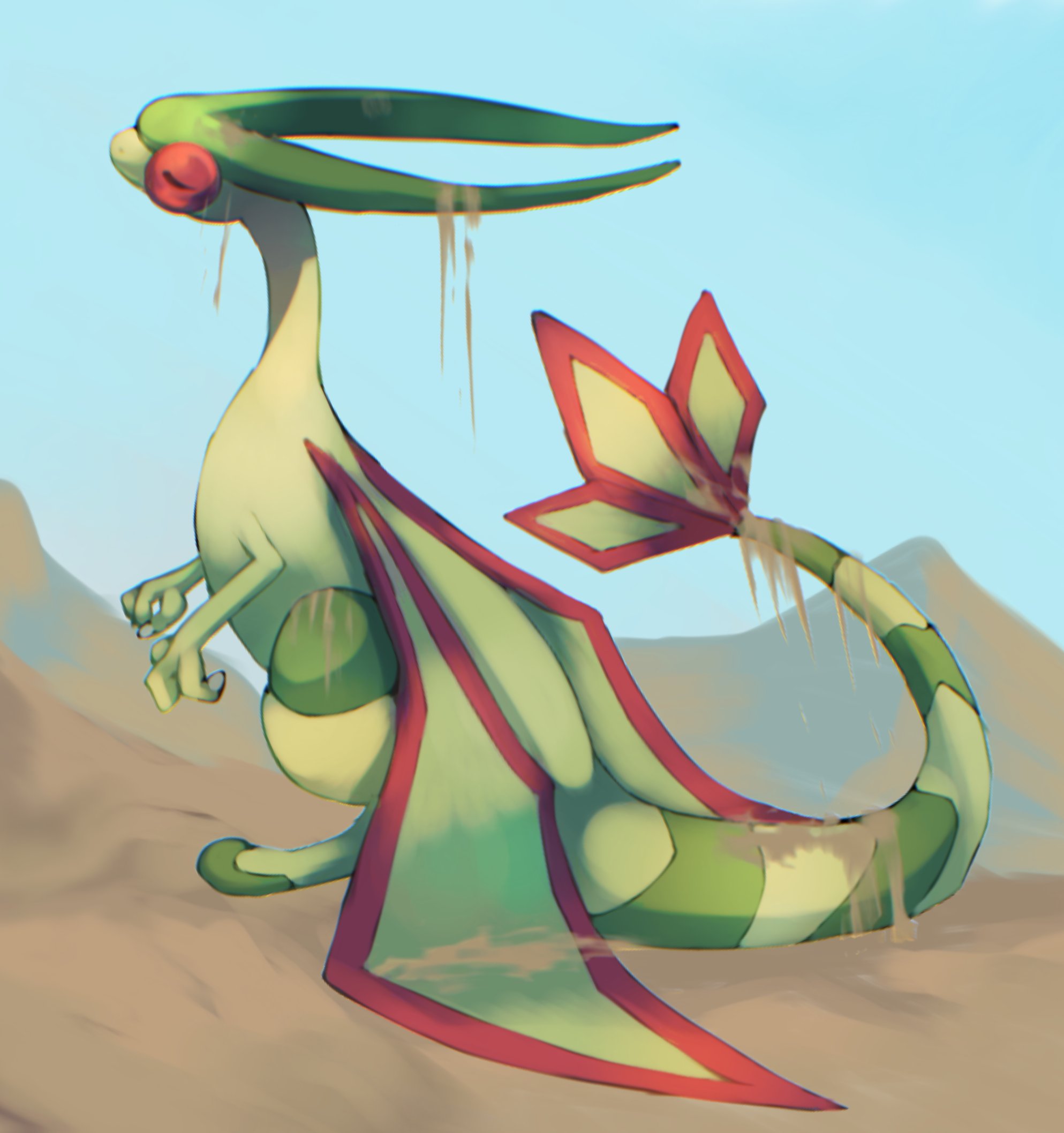 i9mjchzjuar633z, flygon, nintendo, pokemon, commentary request, highres, animal focus, closed eyes, closed mouth, dragon, full body, gen 3 pokemon, no humans, outdoors, pokemon (creature), pokemon focus, sand, solo, wings