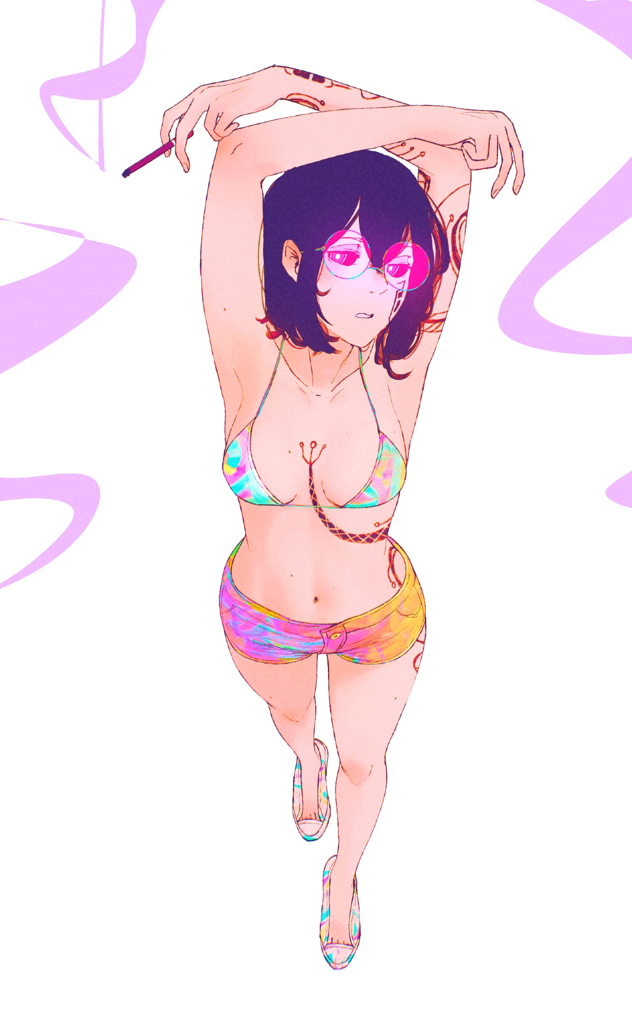 spindle (aidenr0), original, highres, arm tattoo, arms up, bikini, bikini top only, breasts, chest tattoo, cigarette, denim, denim shorts, facial tattoo, flats, from above, holding, holding cigarette, leg tattoo, multicolored bikini, multicolored shorts, navel, pink-framed eyewear, pink-tinted eyewear, purple hair, rainbow bikini, rainbow shorts, rib tattoo, round eyewear, short hair, shorts, simple background, small breasts, smoke, smoke trail, snake tattoo, standing, swimsuit, tattoo, tether (spindle (aidenr0)), tinted eyewear, white background