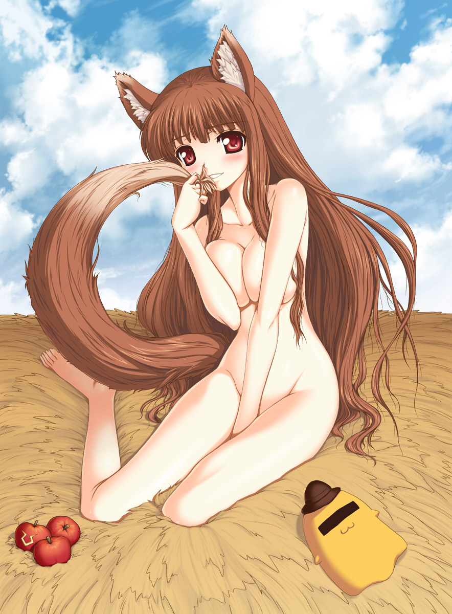 aokihoshi, cheese-kun, holo, code geass, pizza hut, spice and wolf, highres, 00s, 1girl, :3, alternate breast size (larger), animal ears, apple, barefoot, blush, breasts, breasts squeezed together, cloud, crossover, day, female focus, food, fruit, hay, holding, holding food, holding fruit, large breasts, long hair, long legs, nude, red eyes, sky, smile, solo, tail, very long hair, wolf ears, wolf tail
