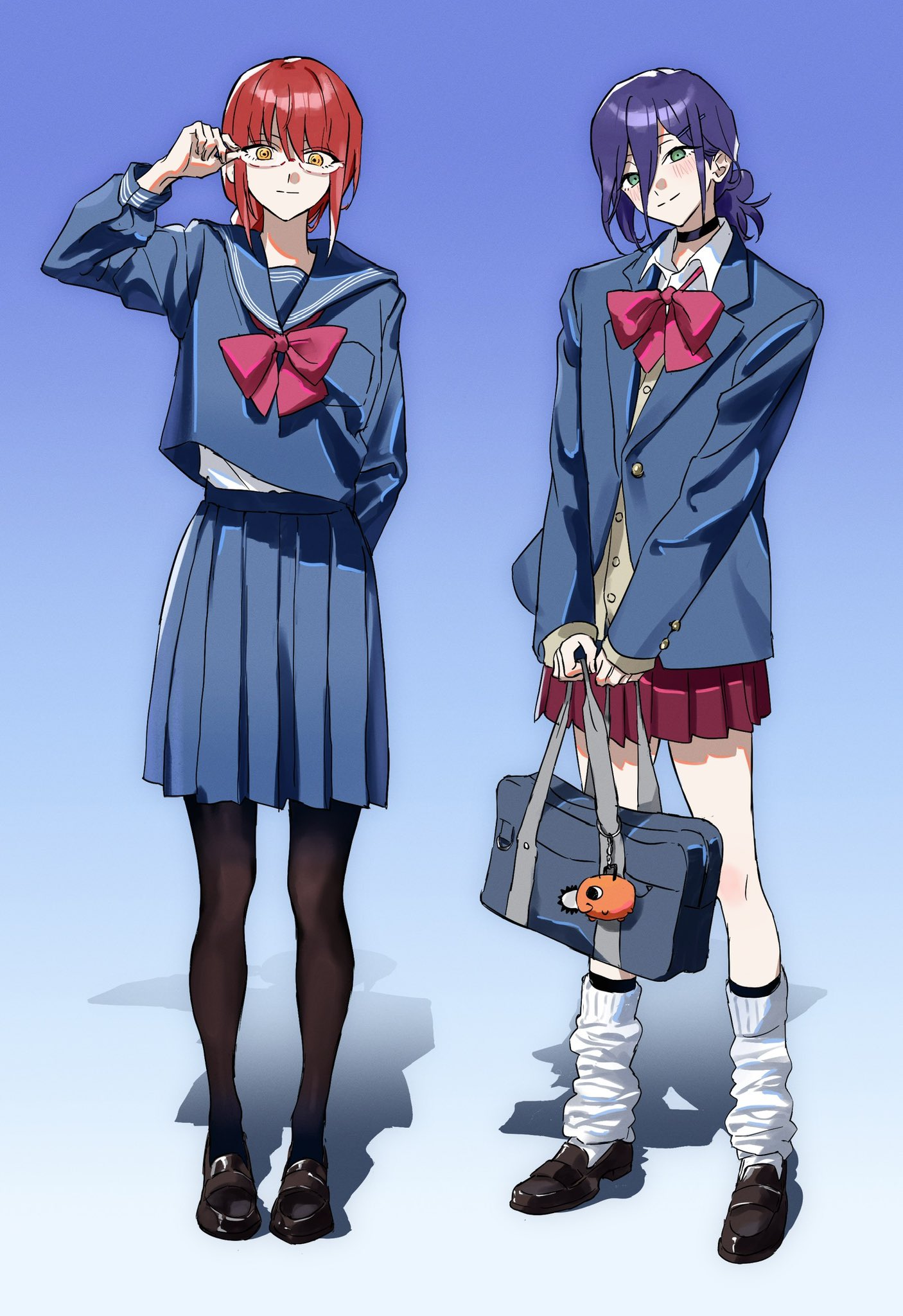 makima (chainsaw man), pochita (chainsaw man), reze (chainsaw man), chainsaw man, highres, 2girls, bag, black choker, black pantyhose, black shoes, blazer, blue background, blue jacket, blue serafuku, blue skirt, character charm, charm (object), choker, closed mouth, full body, glasses, gradient background, green eyes, hair between eyes, jacket, loafers, loose socks, monkeysmeal7664, multiple girls, pantyhose, purple hair, purple skirt, red hair, school bag, school uniform, serafuku, shadow, shoes, sidelocks, skirt, socks, standing, white socks, yellow eyes