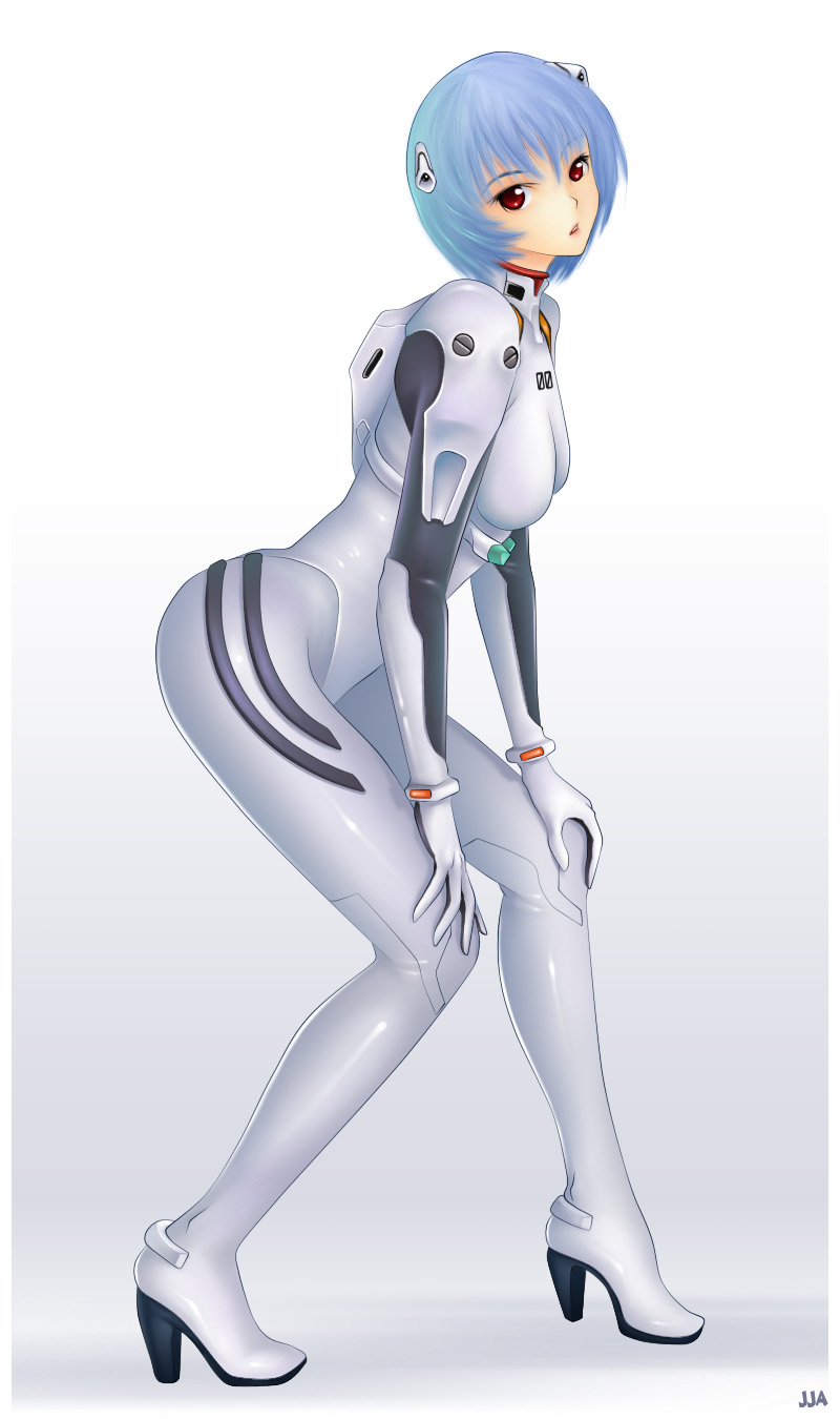 khalitzburg (user 2274420), ayanami rei, neon genesis evangelion, highres, 1girl, ass, blue hair, bodysuit, boots, breasts, female focus, full body, gradient background, high heel boots, high heels, legs, mecha pilot suit, pale skin, plugsuit (evangelion), red eyes, shoes, short hair, solo