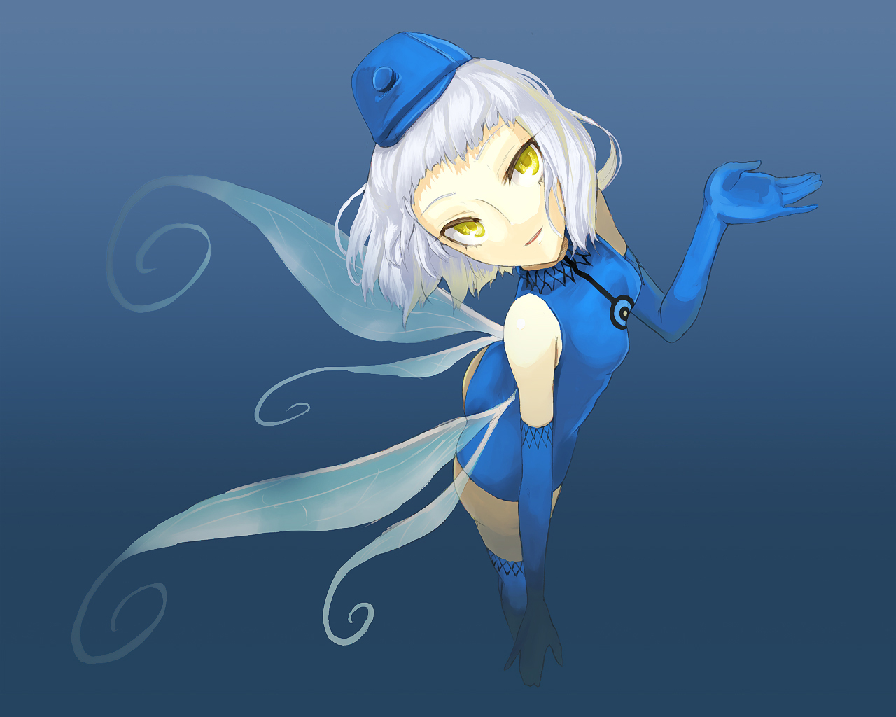 sodeya itsuki, elizabeth (persona), atlus, persona, persona 3, silver hair, bad id, bad pixiv id, 1girl, ass, bare shoulders, elbow gloves, fairy, female focus, garrison cap, ghoul, gloves, gradient background, hat, short hair, solo, thighhighs, wings