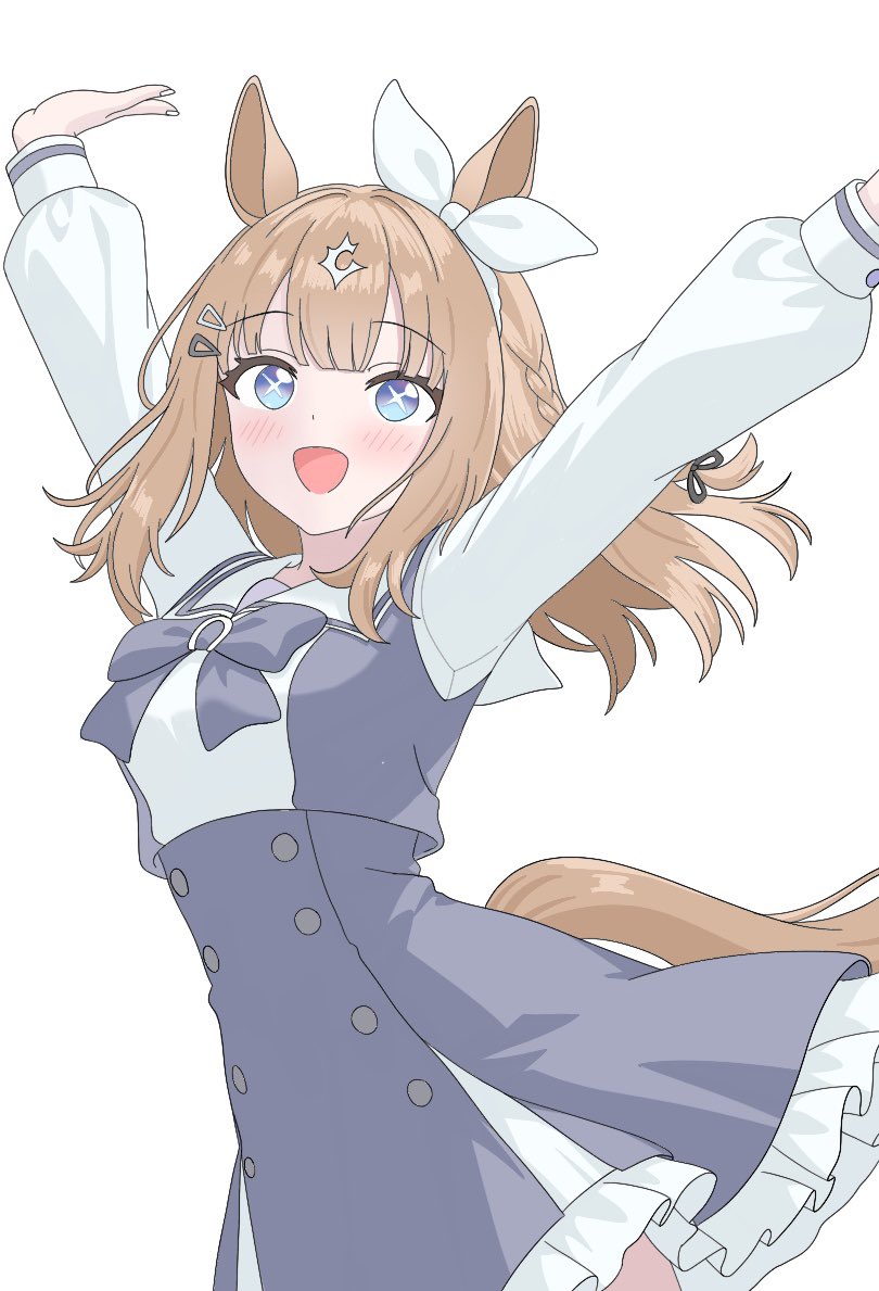 kurama (jpjvn42ej6tug5n), almond eye (umamusume), umamusume, + +, 1girl, animal ears, arms up, blue bow, blue dress, blue eyes, blush, bow, bow hairband, braid, braided sidelocks, breasts, brown hair, dress, hair between eyes, hair ornament, hairband, hairclip, horse ears, horse girl, horse tail, long hair, long sleeves, looking at viewer, multicolored hair, open mouth, simple background, smile, solo, symbol-shaped pupils, tail, white background, white hairband, x-shaped pupils