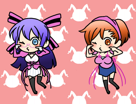 watanave, komaki midori, tanigawa yuzu, devil survivor (series), devil survivor 1, smooooch, bad id, bad pixiv id, lowres, 2girls, bandana, black thighhighs, blue hair, blush, bow, chibi, hair bow, long hair, multiple girls, one eye closed, orange hair, parody, ribbon, short hair, skirt, thighhighs, wink