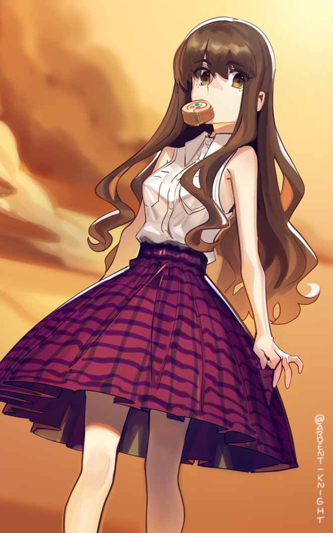 boa (brianoa), kishinami hakuno (female), kishinami hakuno (female) (another ending), fate/grand order, fate (series), 1girl, breasts, brown eyes, brown hair, cake, food, long hair, looking at viewer, medium breasts, mouth hold, purple skirt, shirt, sidelocks, skirt, sleeveless, sleeveless shirt, swiss roll, thighs, white shirt