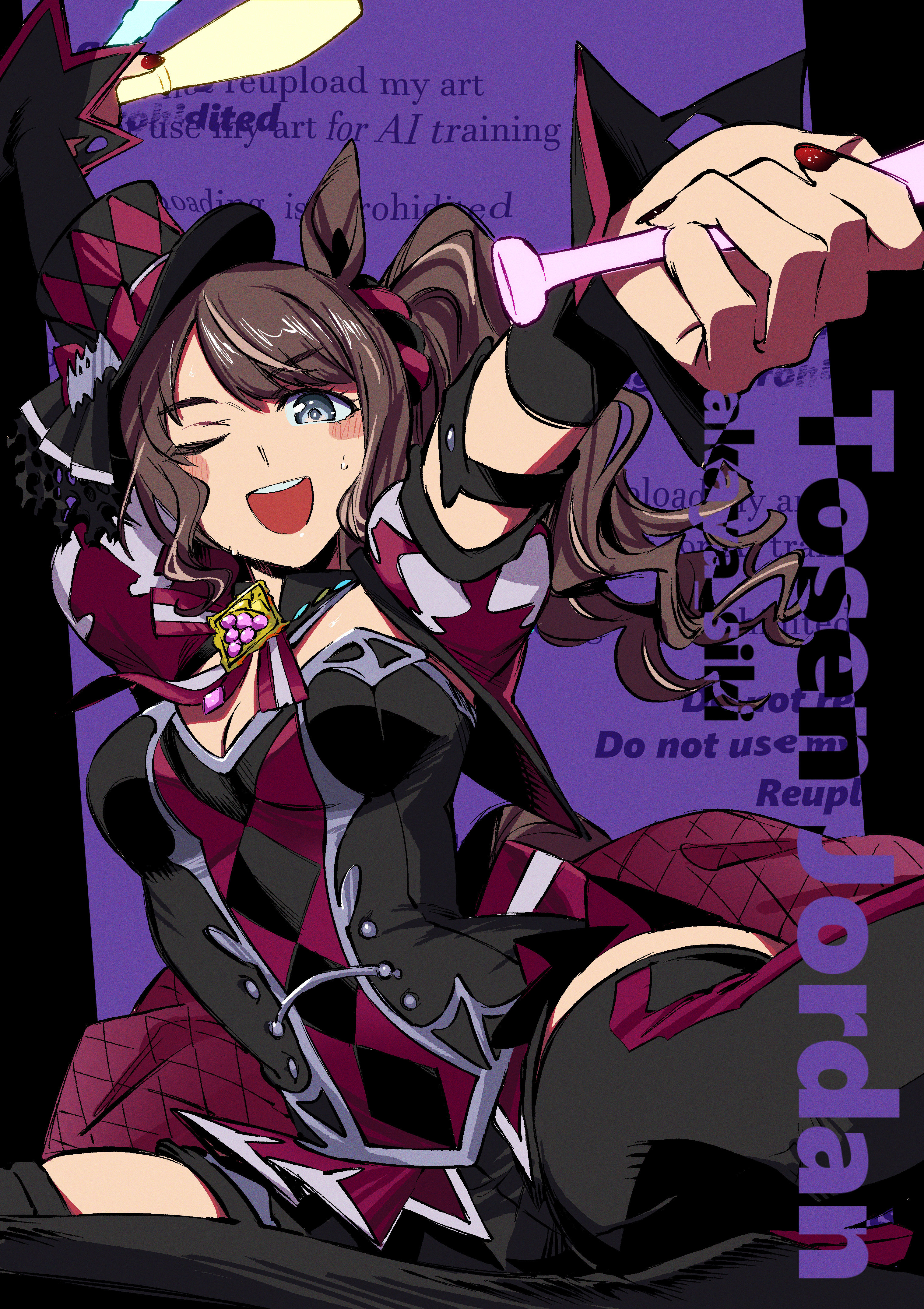 akaya shiki, tosen jordan (umamusume), umamusume, absurdres, highres, 1girl, animal ears, black shirt, black shorts, black thighhighs, blush, breasts, brown hair, circus, hair ornament, hair scrunchie, halloween, halloween costume, hat, hat ornament, holding, holding juggling club, horse ears, horse girl, jacket, juggling club, long hair, looking at viewer, necktie, official alternate costume, one eye closed, open mouth, ponytail, puffy short sleeves, puffy sleeves, red jacket, scrunchie, shirt, short necktie, short sleeves, shorts, smile, solo, sweat, thighhighs, top hat, tosen jordan (highkey hallowed) (umamusume)