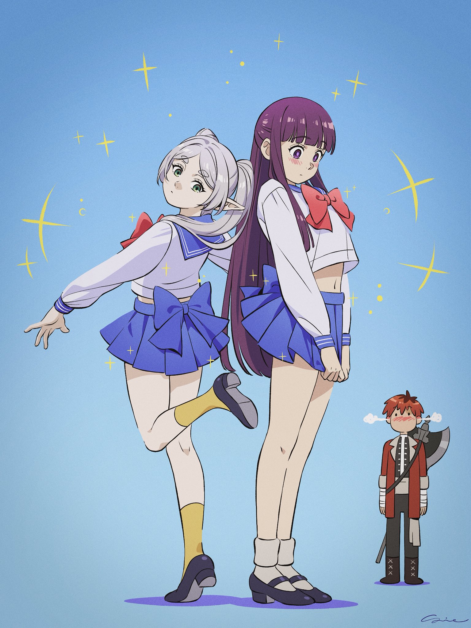 sidney deng, fern (sousou no frieren), frieren, stark (sousou no frieren), bishoujo senshi sailor moon, sousou no frieren, hashtag-only commentary, highres, 1boy, 2girls, alternate costume, axe, back bow, black shoes, blue background, blue bow, blue sailor collar, blue skirt, blush, bow, bowtie, crossover, elf, full body, green eyes, juuban middle school uniform, long hair, looking at another, looking at viewer, looking back, multiple girls, navel, pointy ears, purple eyes, purple hair, red bow, red bowtie, red hair, sailor collar, school uniform, serafuku, shirt, shoes, short hair, skirt, socks, sparkle, sparkling aura, standing, standing on one leg, twintails, white hair, white shirt, white socks, yellow socks