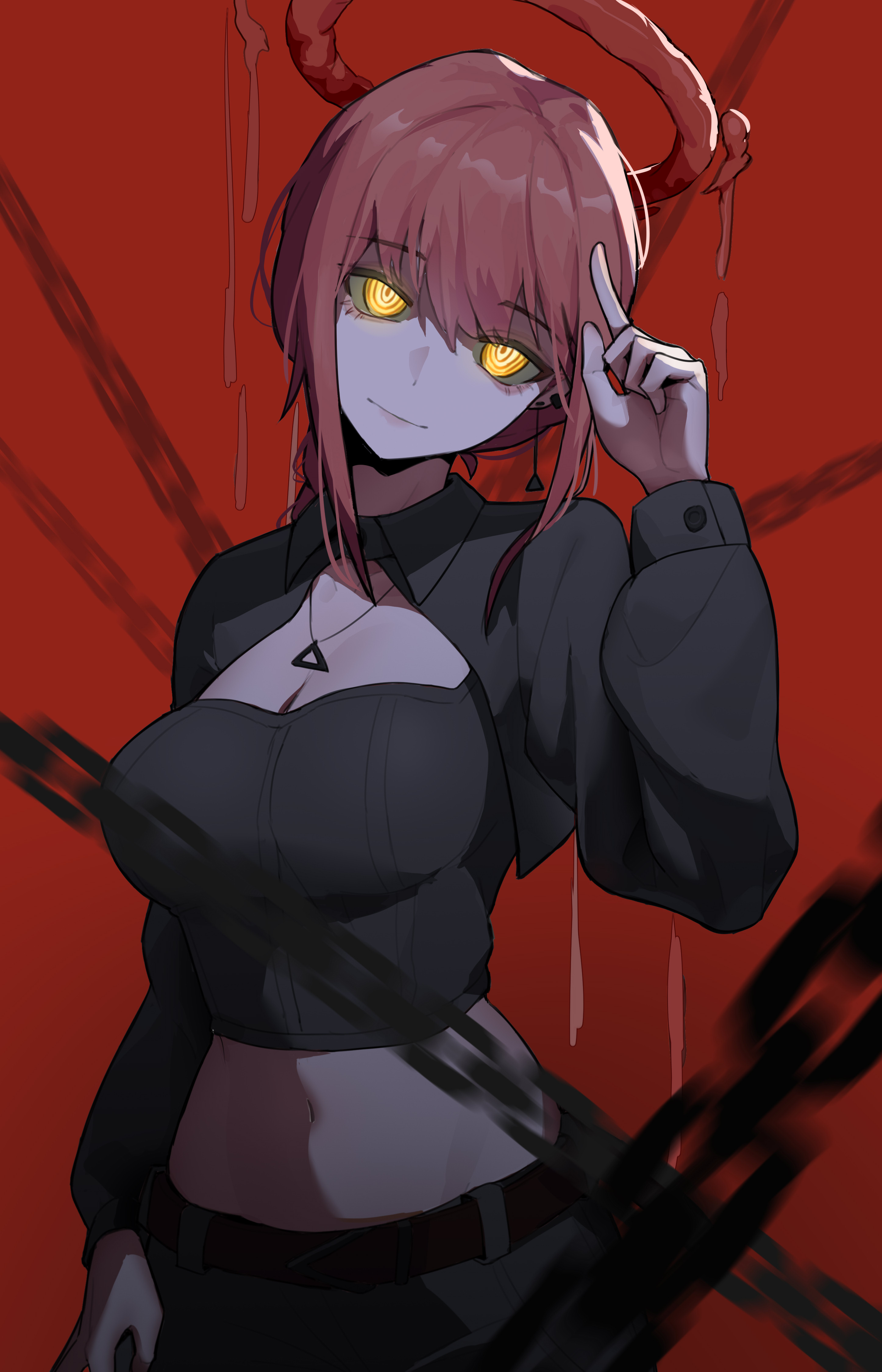 makima (chainsaw man), chainsaw man, absurdres, highres, 1girl, belt, black belt, black jacket, black pants, black shirt, breasts, chain, closed mouth, cropped jacket, jacket, jewelry, large breasts, long hair, navel, necklace, pants, red background, red hair, ringed eyes, shirt, sidelocks, solo, xibai, yellow eyes
