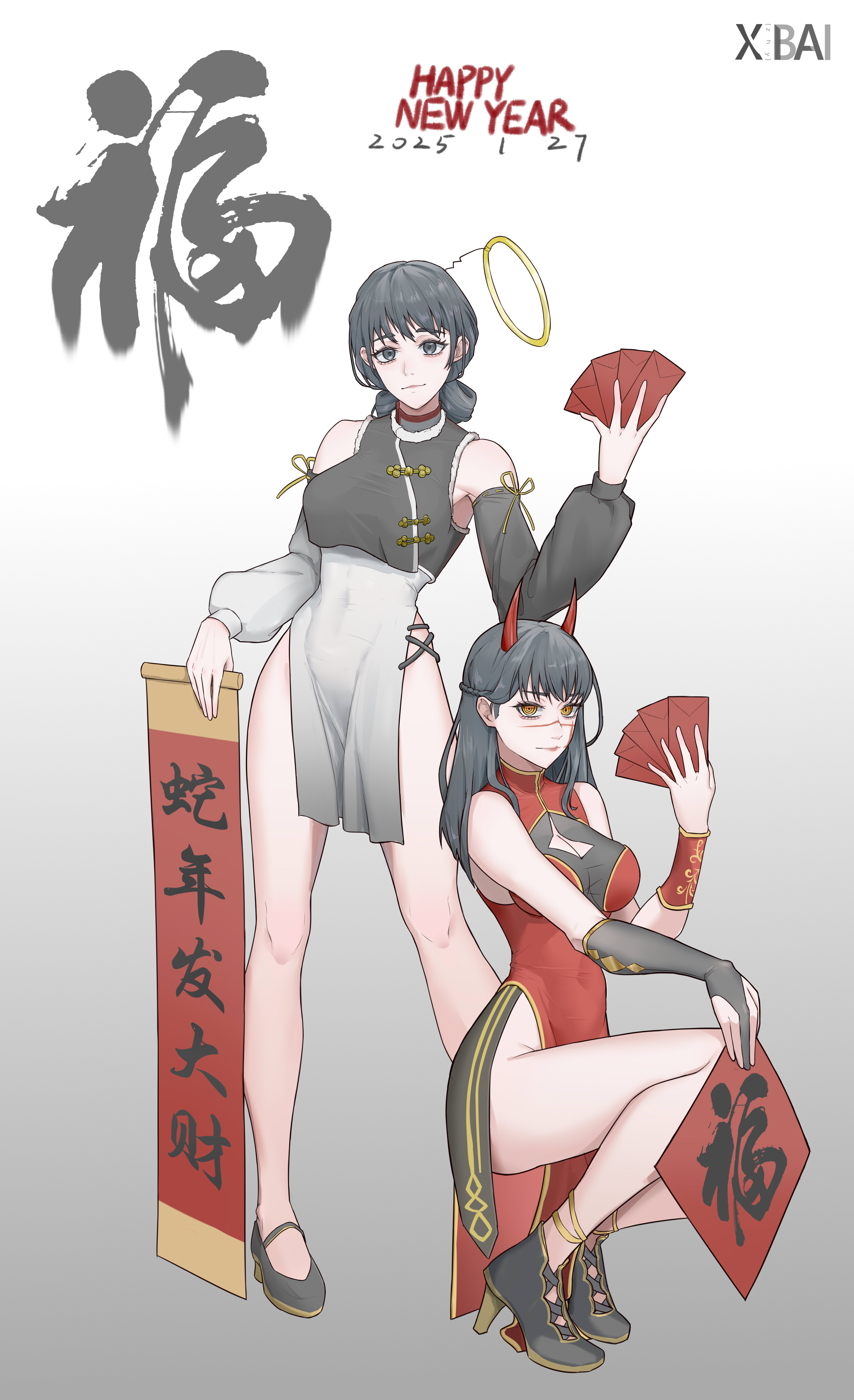 mitaka asa, yoru (chainsaw man), chainsaw man, absurdres, commentary request, highres, 2girls, asymmetrical sleeves, black eyes, black hair, breasts, china dress, chinese clothes, chinese new year, cleavage, demon horns, detached sleeves, dress, fake halo, fake horns, grey dress, halo, happy new year, high heels, horns, large breasts, long hair, mismatched sleeves, multiple girls, new year, pelvic curtain, red dress, red horns, ringed eyes, scar, scar on face, scar on nose, squatting, xibai, yellow eyes
