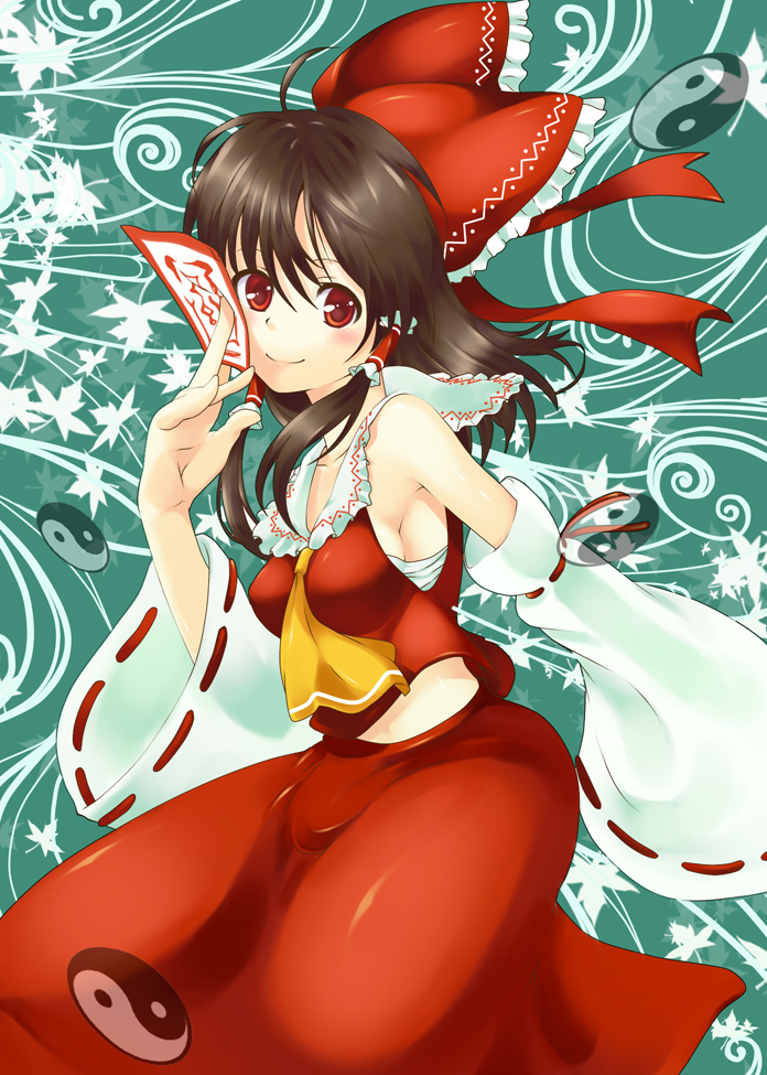 mitsuki meia, hakurei reimu, touhou, bad id, bad pixiv id, 1girl, ahoge, armpits, ascot, blouse, breasts, female focus, japanese clothes, miko, plant, red shirt, sarashi, shirt, skirt, sleeveless, sleeveless shirt, solo, yellow ascot