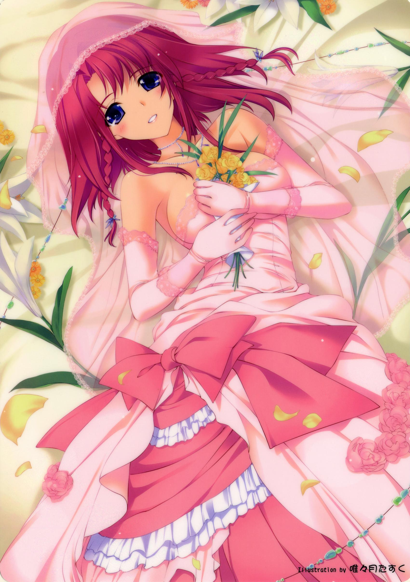 iizuki tasuku, absurdres, highres, blue eyes, blush, bouquet, bridal veil, bride, dress, elbow gloves, flower, gloves, petals, pink hair, solo, veil, wedding dress
