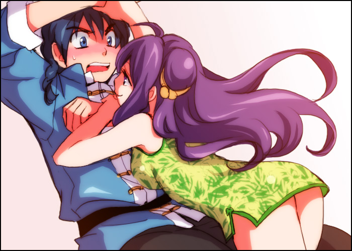 harumi chihiro, saotome ranma, shampoo (ranma 1/2), ranma 1/2, 1boy, 1girl, black hair, blue eyes, blush, braid, china dress, chinese clothes, couple, dress, embarrassed, hetero, leaning, long hair, purple eyes, purple hair, single braid