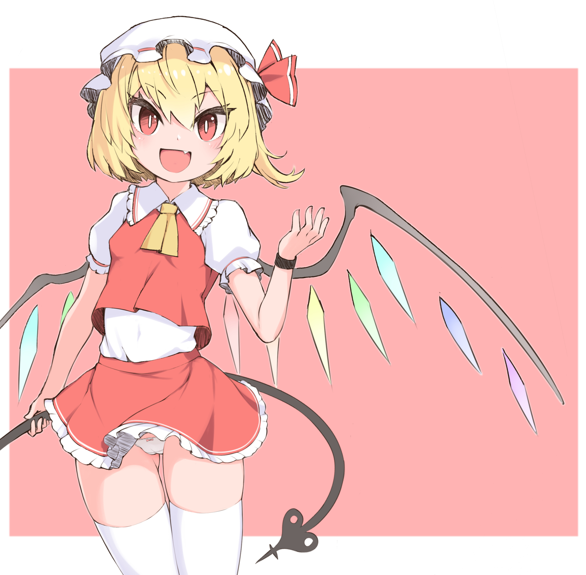 harunoha, flandre scarlet, touhou, commentary request, highres, 1girl, :d, alternate costume, alternate skirt length, ascot, blonde hair, blush, bow, bow panties, bracelet, bright pupils, collared shirt, covered navel, cowboy shot, crystal, fang, frilled skirt, frilled sleeves, frills, gluteal fold, hand up, hat, jewelry, laevatein (touhou), looking at viewer, lowleg, lowleg panties, microskirt, miniskirt, mob cap, one side up, open mouth, panties, pink background, puffy short sleeves, puffy sleeves, red eyes, red vest, shirt, short hair, short sleeves, simple background, skin fang, skindentation, skirt, smile, solo, thighhighs, two-tone background, underwear, vest, white background, white panties, white pupils, white shirt, white thighhighs, wings, yellow ascot