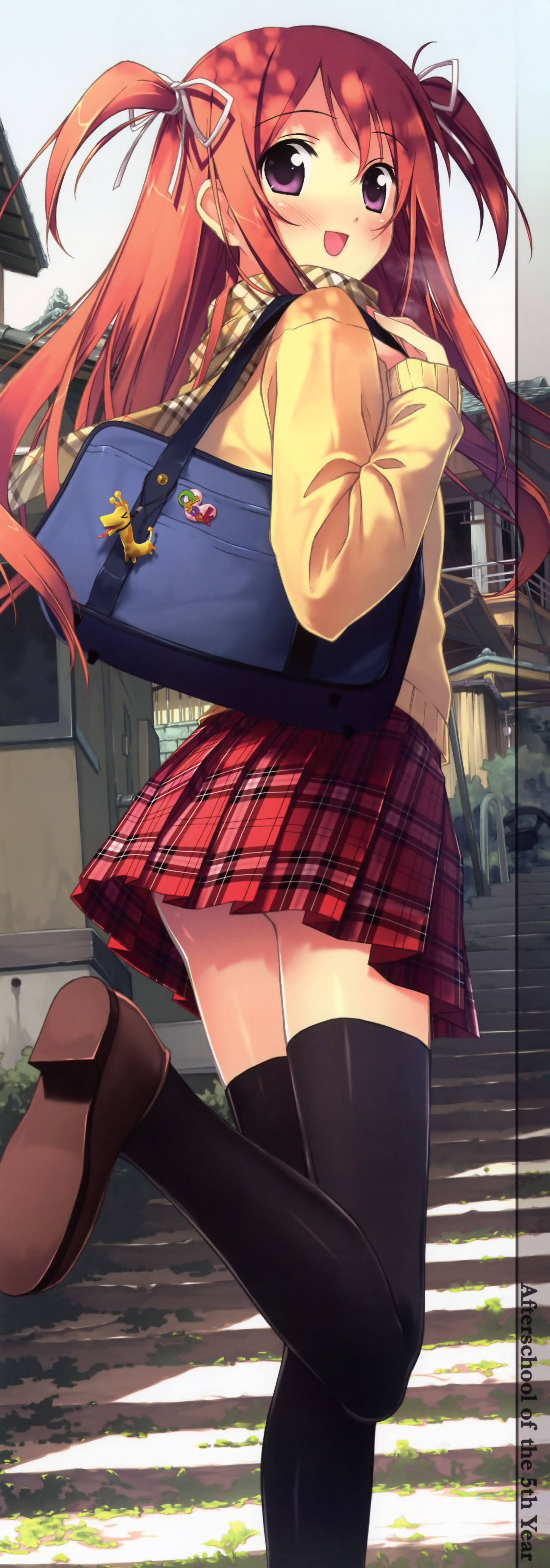 kantoku, kurumi (kantoku), original, absurdres, highres, long image, tall image, bag, blush, long hair, open mouth, orange hair, plaid clothes, plaid scarf, plaid skirt, purple eyes, scarf, skirt, solo, thighhighs, twintails, zettai ryouiki