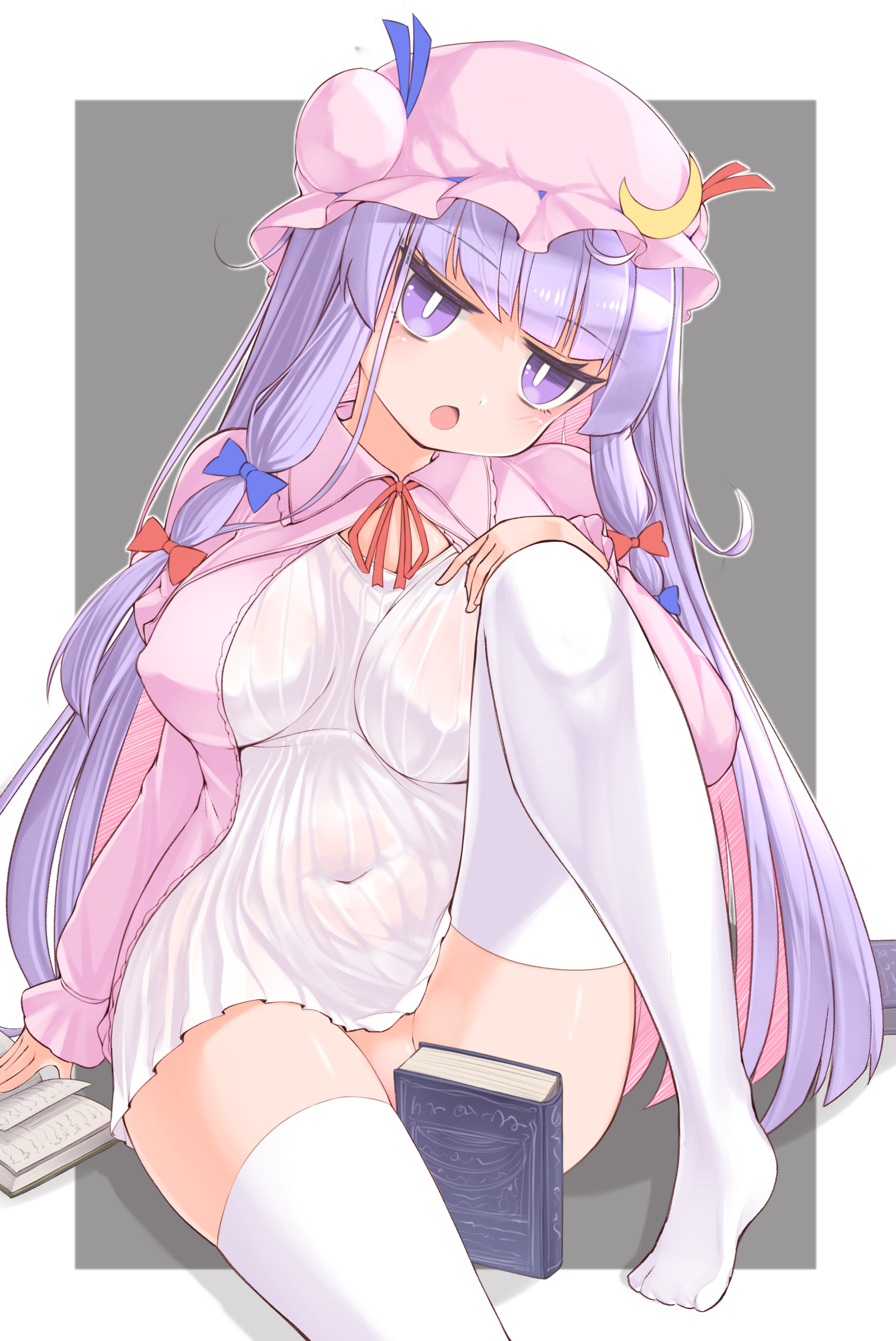 harunoha, patchouli knowledge, touhou, absurdres, commentary request, highres, translated, ?, alternate costume, alternate skirt length, blue bow, blue ribbon, book, bow, breasts, bright pupils, convenient censoring, covered erect nipples, covered navel, crescent, crescent hat ornament, dress, drooling, grey background, hat, hat ornament, jitome, knee up, large breasts, long hair, microdress, mob cap, necktie, no panties, pink robe, purple eyes, purple hair, red bow, red necktie, red ribbon, ribbon, robe, simple background, sitting, sleepy, striped clothes, striped dress, two-tone background, vertical-striped clothes, vertical-striped dress, very long hair, white background, white pupils