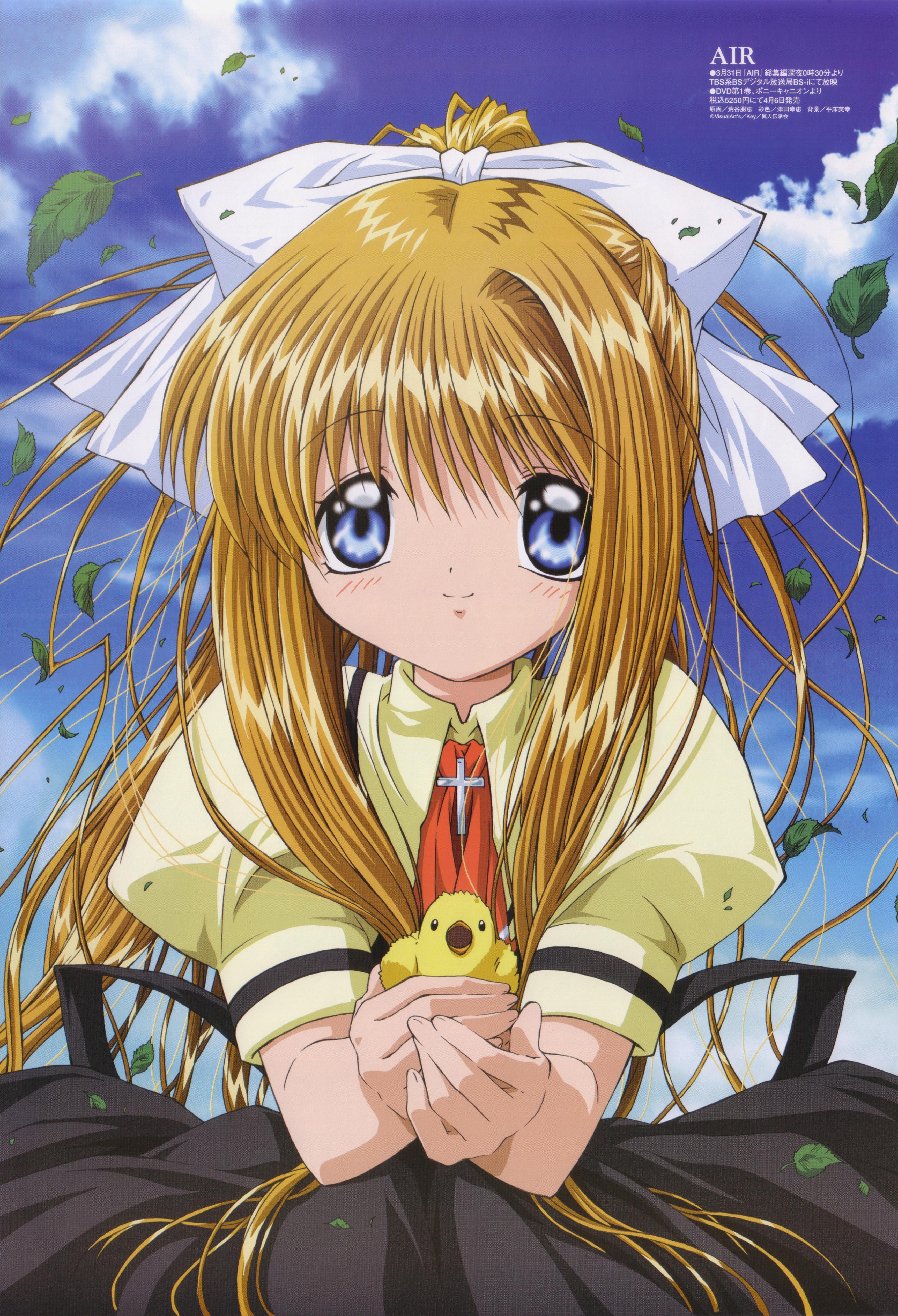 aratani tomoe, kamio misuzu, air (visual novel), megami magazine, absurdres, highres, official art, scan, 00s, 1girl, bird, blonde hair, blue eyes, blush, bow, day, female focus, hair bow, leaf, long hair, ponytail, ribbon, school uniform, sky, smile, solo, very long hair