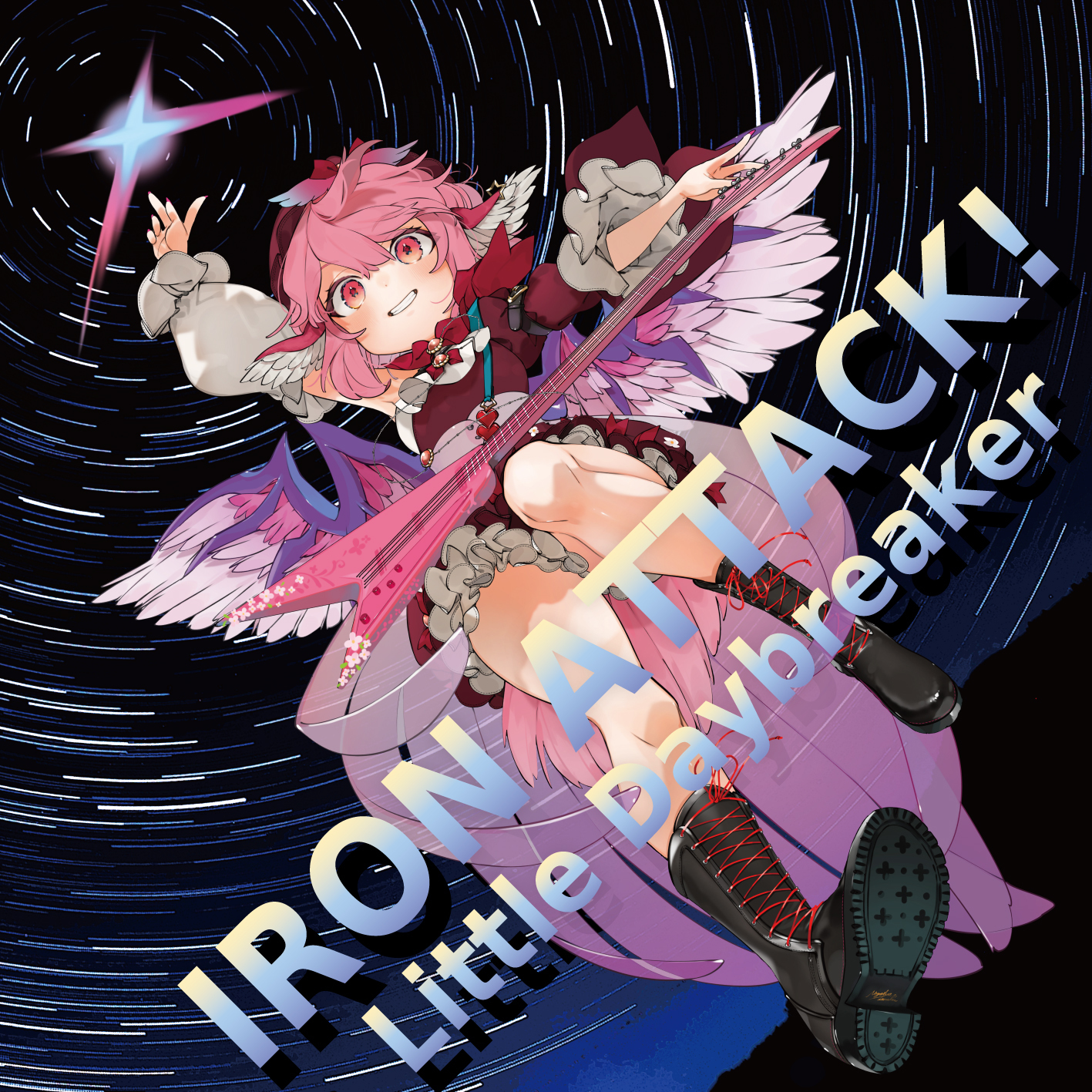 gotoh (nekocat), mystia lorelei, iron attack!, touhou, commentary request, highres, second-party source, 1girl, album cover, album name, alternate costume, arm up, asymmetrical clothes, bird wings, black boots, boots, bow, cover, detached sleeves, dress, electric guitar, fingernails, floral print, frills, full body, gibson flying v, grin, guitar, hat, heart, instrument, lace-up boots, long fingernails, long sleeves, nail polish, night, night sky, outstretched arms, petticoat, pink eyes, pink hair, red dress, ribbon, short hair, signature, sky, smile, solo, star (sky), star (symbol), star trail, strap, wings