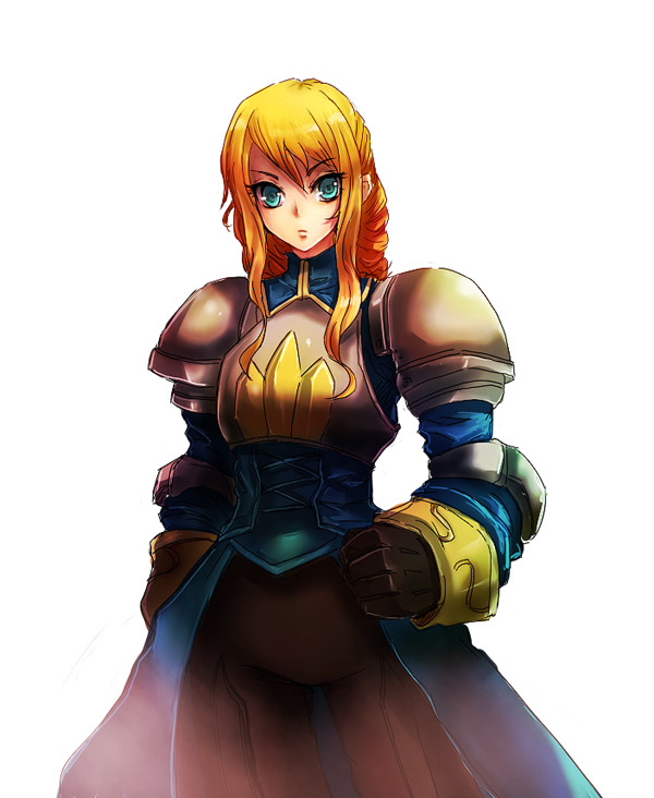 kara (color), agrias oaks, final fantasy, final fantasy tactics, 1girl, armor, blonde hair, blue eyes, female focus, simple background, solo