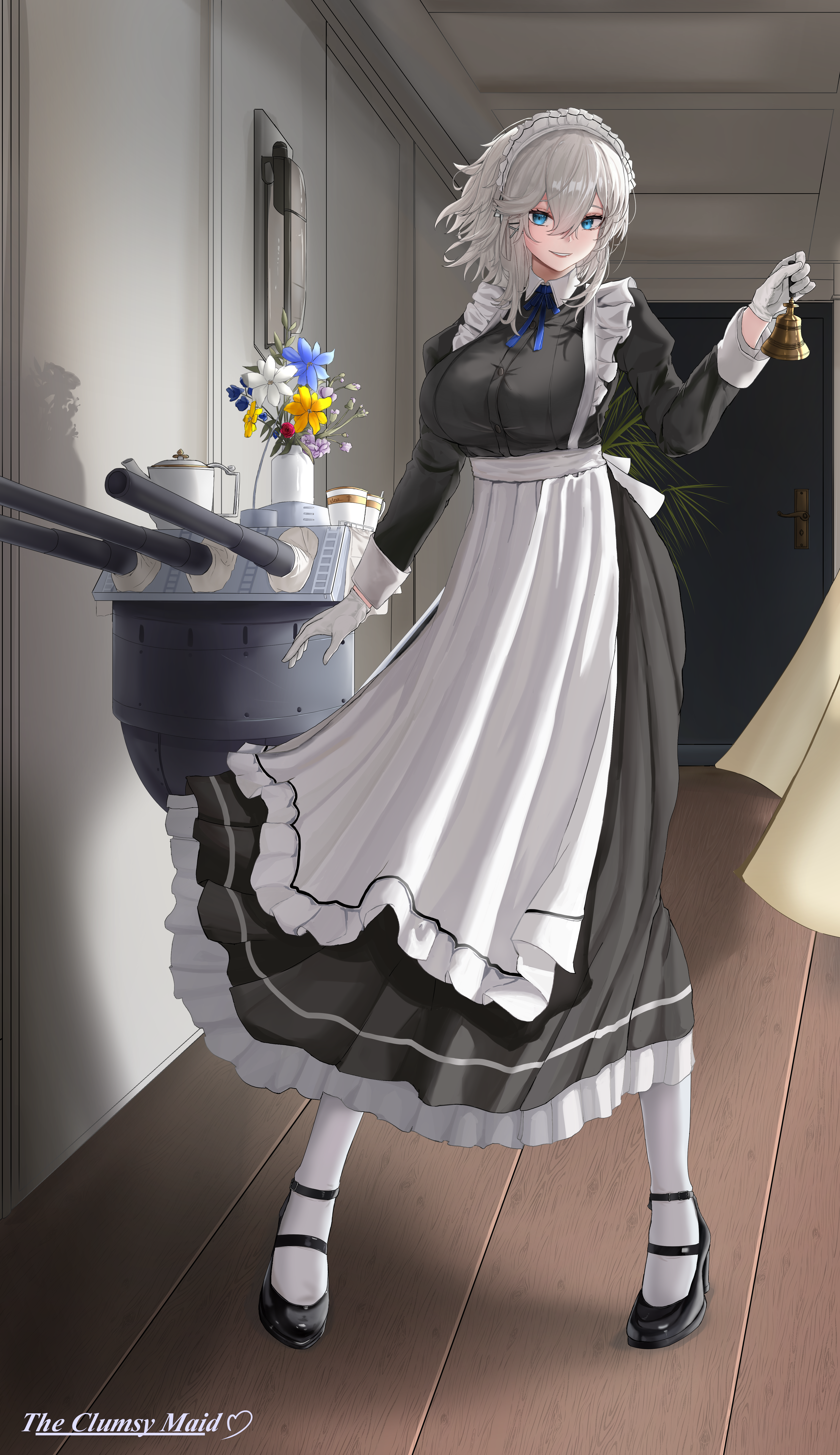 uss washingtonisthebest1940, washington (azur lane), azur lane, absurdres, commentary, commentary request, english commentary, highres, mixed-language commentary, 1girl, alternate costume, apron, bell, black dress, black shoes, blue eyes, blue ribbon, blush, bouquet, breasts, cup, door, dress, english text, enmaided, floating clothes, flower, frilled apron, frilled dress, frills, full body, gloves, grey hair, grin, hair between eyes, high heels, holding, holding bell, indoors, juliet sleeves, large breasts, long sleeves, looking at viewer, maid, maid apron, maid headdress, mary janes, neck ribbon, open mouth, pantyhose, plant, puffy sleeves, ribbon, shadow, ship turret, shoes, short hair, smile, solo, standing, teacup, teapot, vase, waist apron, white apron, white gloves, white hair, white pantyhose, wooden floor