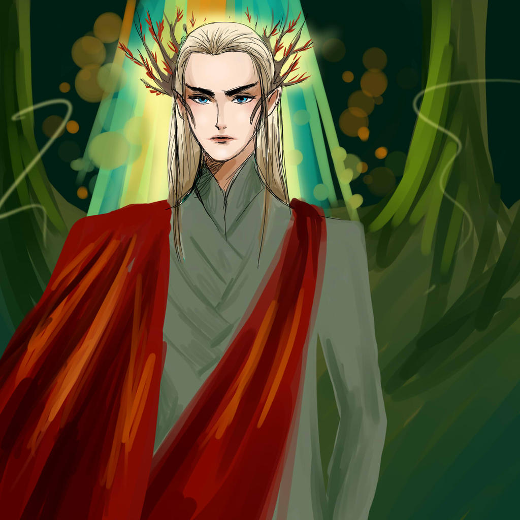 namistaivanbuuren, thranduil, the hobbit, tolkien's legendarium, 1boy, blonde hair, blue eyes, closed mouth, crown, elf, king, looking at viewer, male focus, pointy ears, solo, tree