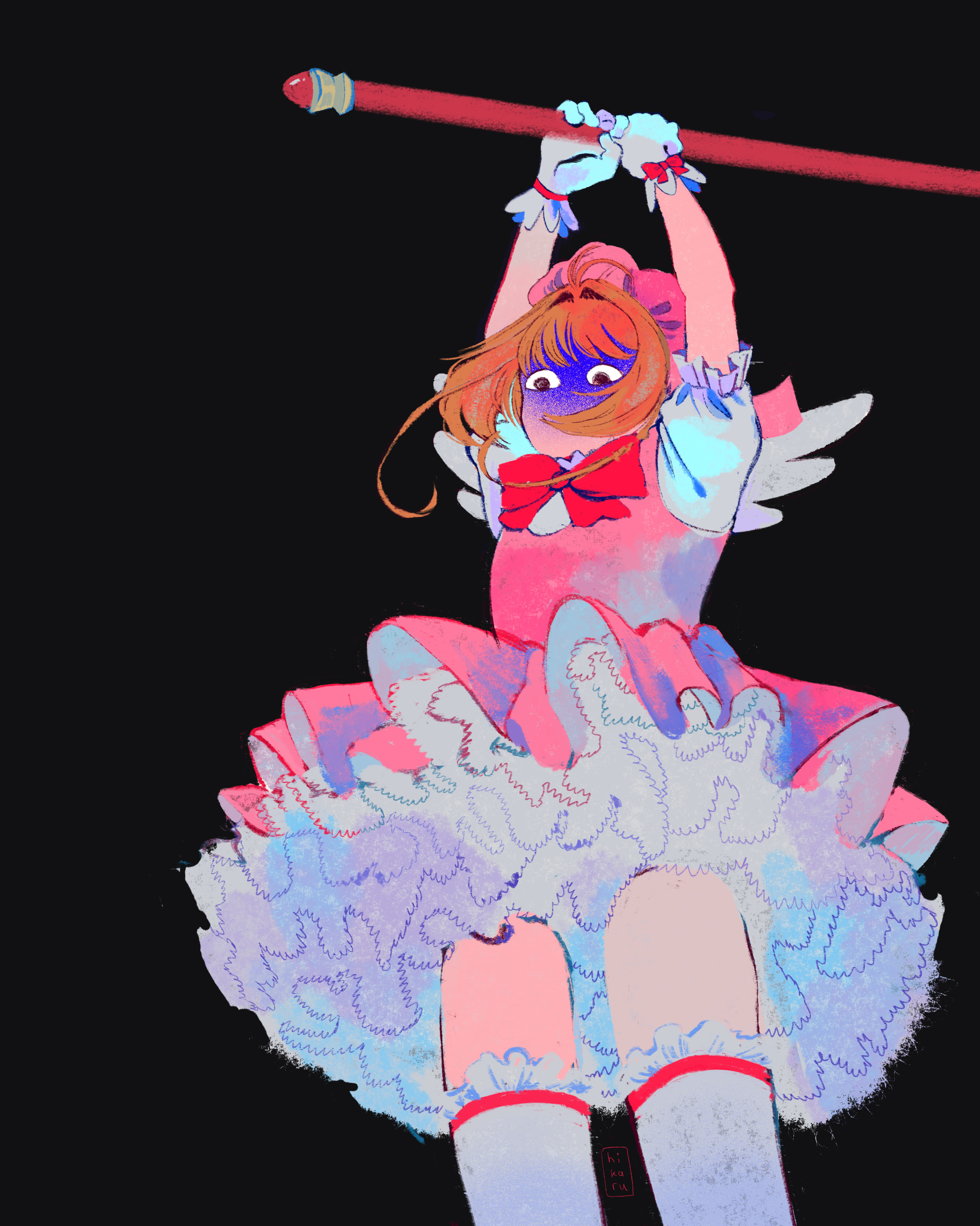 hikadoodoo, kinomoto sakura, kinomoto sakura (magician), cardcaptor sakura, absurdres, commentary, english commentary, highres, procreate (medium), 1girl, arms up, black background, bow, bowtie, brown hair, dress, gloves, hat, holding, holding staff, magical girl, mob cap, pink dress, pink hat, puffy short sleeves, puffy sleeves, red bow, red bowtie, short hair, short sleeves, simple background, solo, staff, thighhighs, white gloves, white thighhighs, white wings, wings