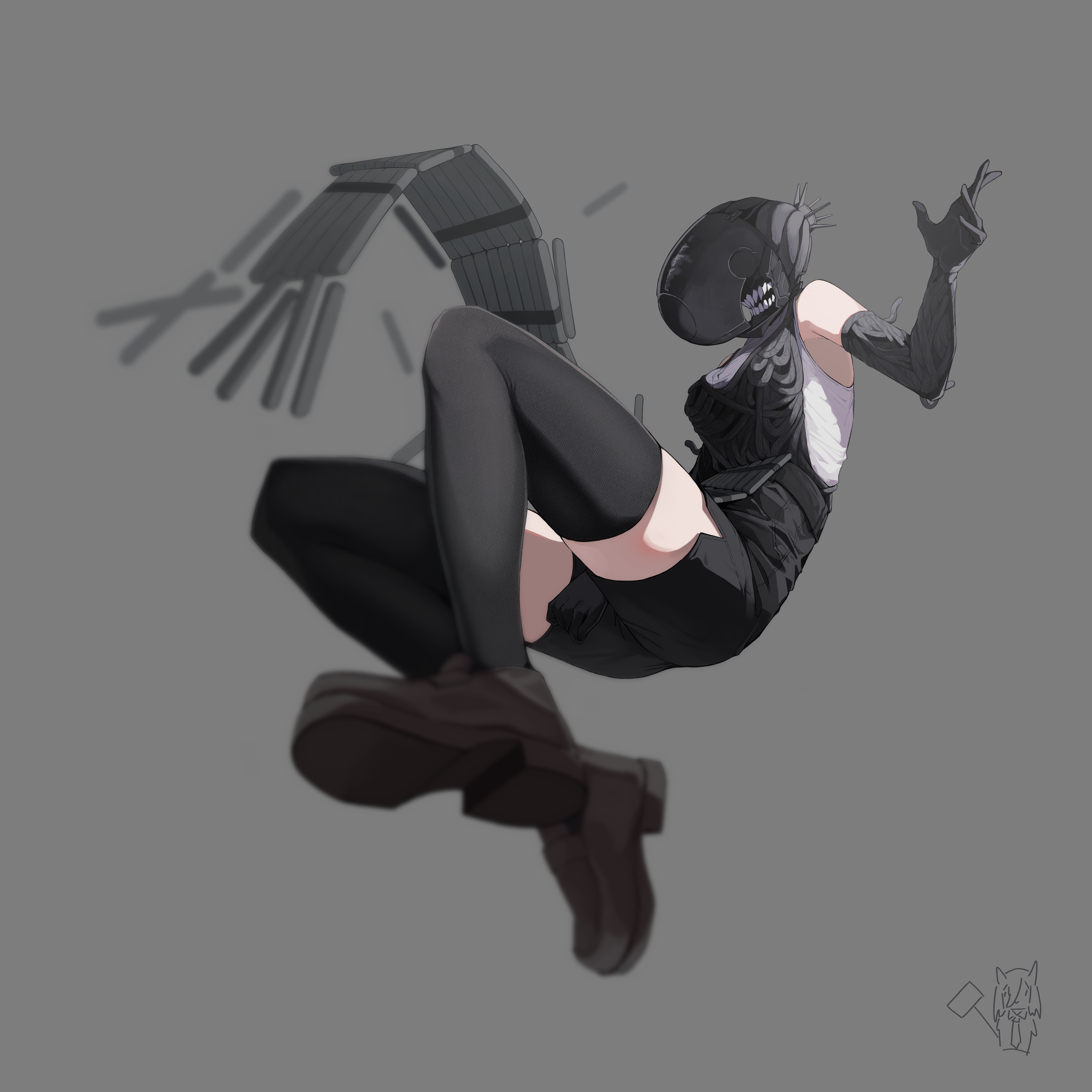 bomb devil (chainsaw man), chainsaw man, absurdres, highres, 1girl, apron, black apron, black shoes, black shorts, black thighhighs, dynamite, elbow gloves, explosive, gamanga 1204, gloves, grey background, grey gloves, object head, shirt, shoes, shorts, simple background, sleeveless, sleeveless shirt, solo, thighhighs, white shirt