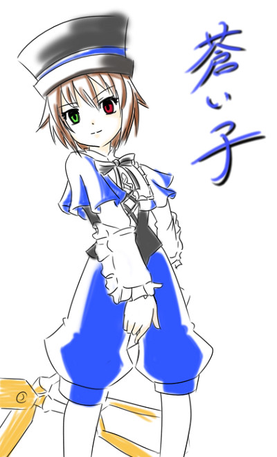 wabi (wbsk), wabi tsubaki, souseiseki, rozen maiden, 00s, 1girl, blue dress, brown hair, collar, dress, female focus, frills, green eyes, hat, heterochromia, long sleeves, red eyes, short hair, simple background, solo, standing, white background