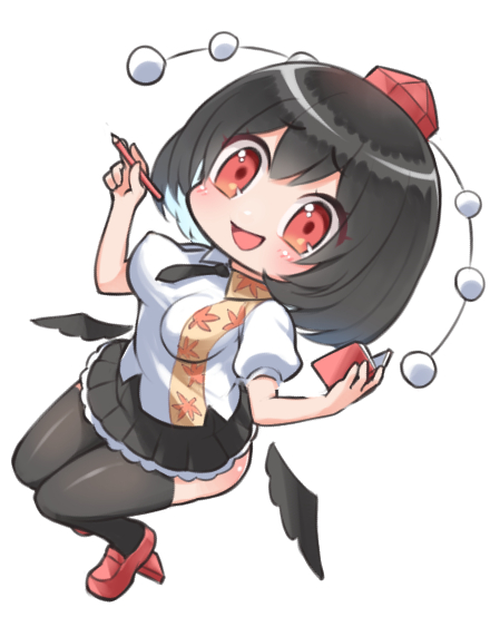 harunoha, shameimaru aya, touhou, commentary request, 1girl, bird wings, black hair, black necktie, black skirt, black thighhighs, black wings, blush, breasts, collared shirt, detached wings, frilled skirt, frills, full body, geta, hat, holding, holding notebook, holding pencil, impossible clothes, impossible shirt, leaf print, loafers, looking at viewer, medium breasts, necktie, notebook, open mouth, pencil, pom pom (clothes), red eyes, red hat, red shoes, shirt, shoes, short hair, simple background, skirt, smile, solo, tengu-geta, thighhighs, tokin hat, white background, white shirt, wings