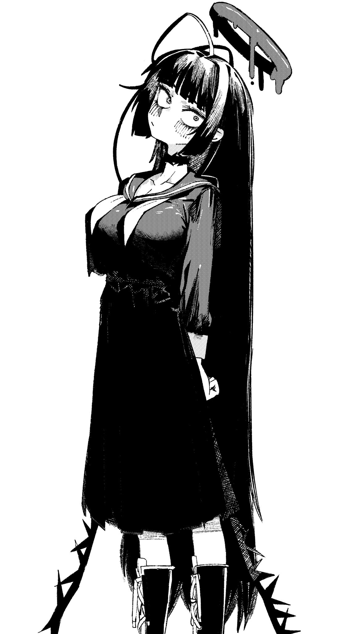 go d e, tsurugi (blue archive), blue archive, highres, 1girl, boots, breasts, choker, closed mouth, greyscale, halo, large breasts, liquid halo, long hair, low wings, monochrome, neckerchief, school uniform, serafuku, solo, standing, undone neckerchief, very long hair, wings