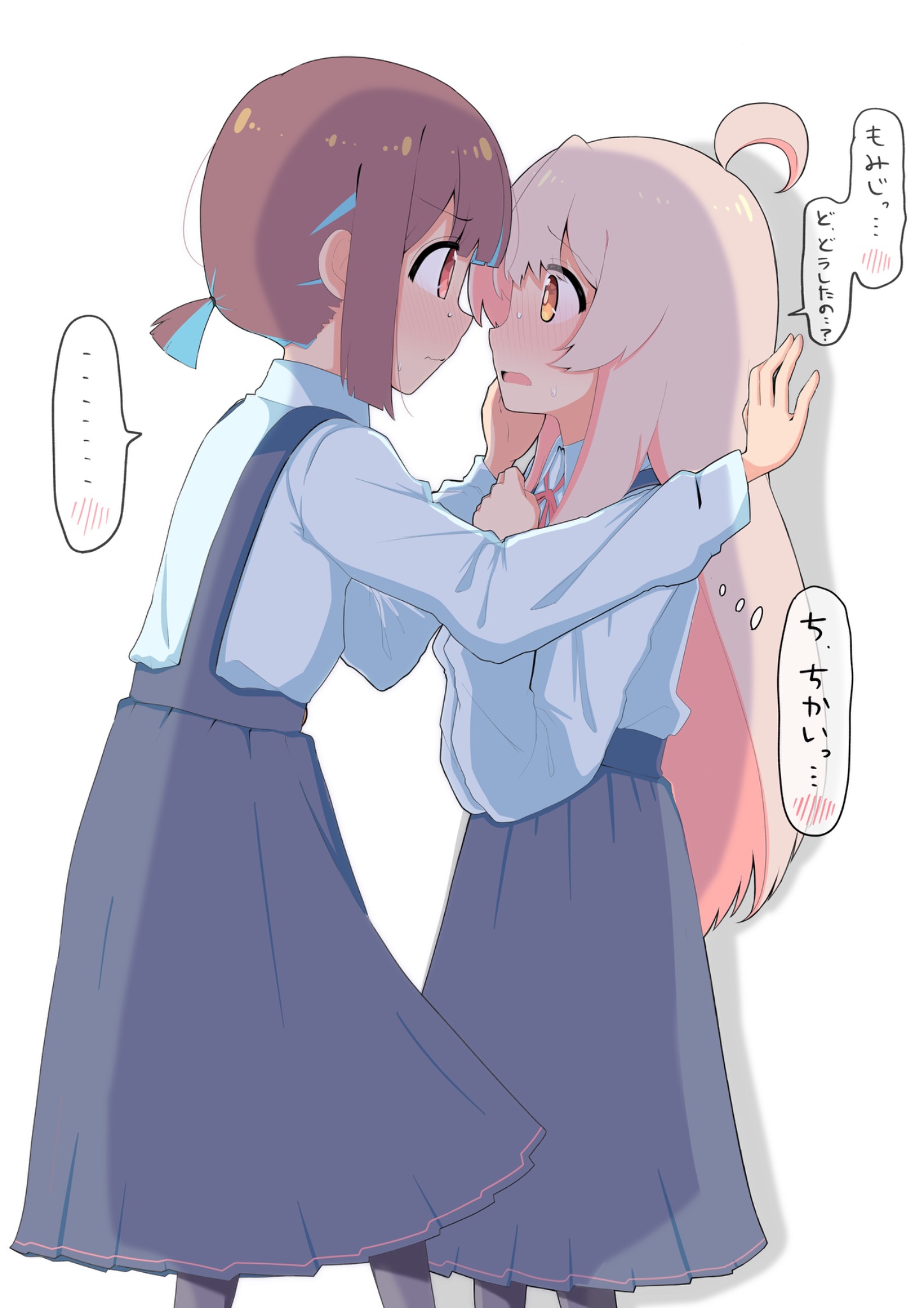 hiro (05112423), hozuki momiji, oyama mahiro, onii-chan wa oshimai!, commentary, highres, translated, …, 2girls, ahoge, black skirt, blue hair, blush, brown eyes, brown hair, eye contact, face-to-face, kabedon, long hair, long sleeves, looking at another, multicolored hair, multiple girls, open mouth, pink hair, pleated skirt, ponytail, school uniform, shirt, short hair, short ponytail, simple background, skirt, spoken blush, spoken ellipsis, suspender skirt, suspenders, two-tone hair, white background, white shirt, yuri