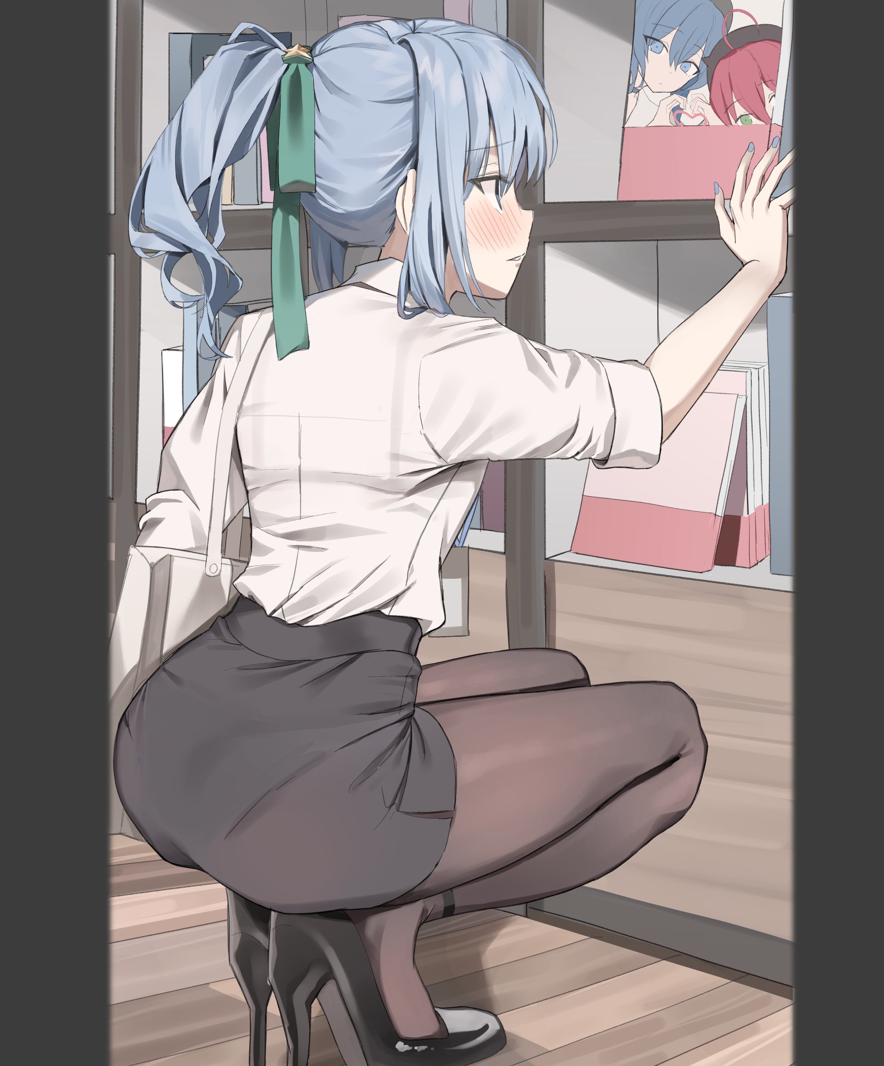 scarlet (wv0102), hoshimachi suisei, sakura miko, hololive, absurdres, commentary, highres, symbol-only commentary, 1girl, bag, black pantyhose, black skirt, blue eyes, blue hair, blue nails, blush, book, hair ribbon, high heels, library, nail polish, office lady, pantyhose, parted lips, pencil skirt, ponytail, ribbon, see-through clothes, shirt, shirt tucked in, shoulder bag, skirt, solo, squatting, white bag, white shirt