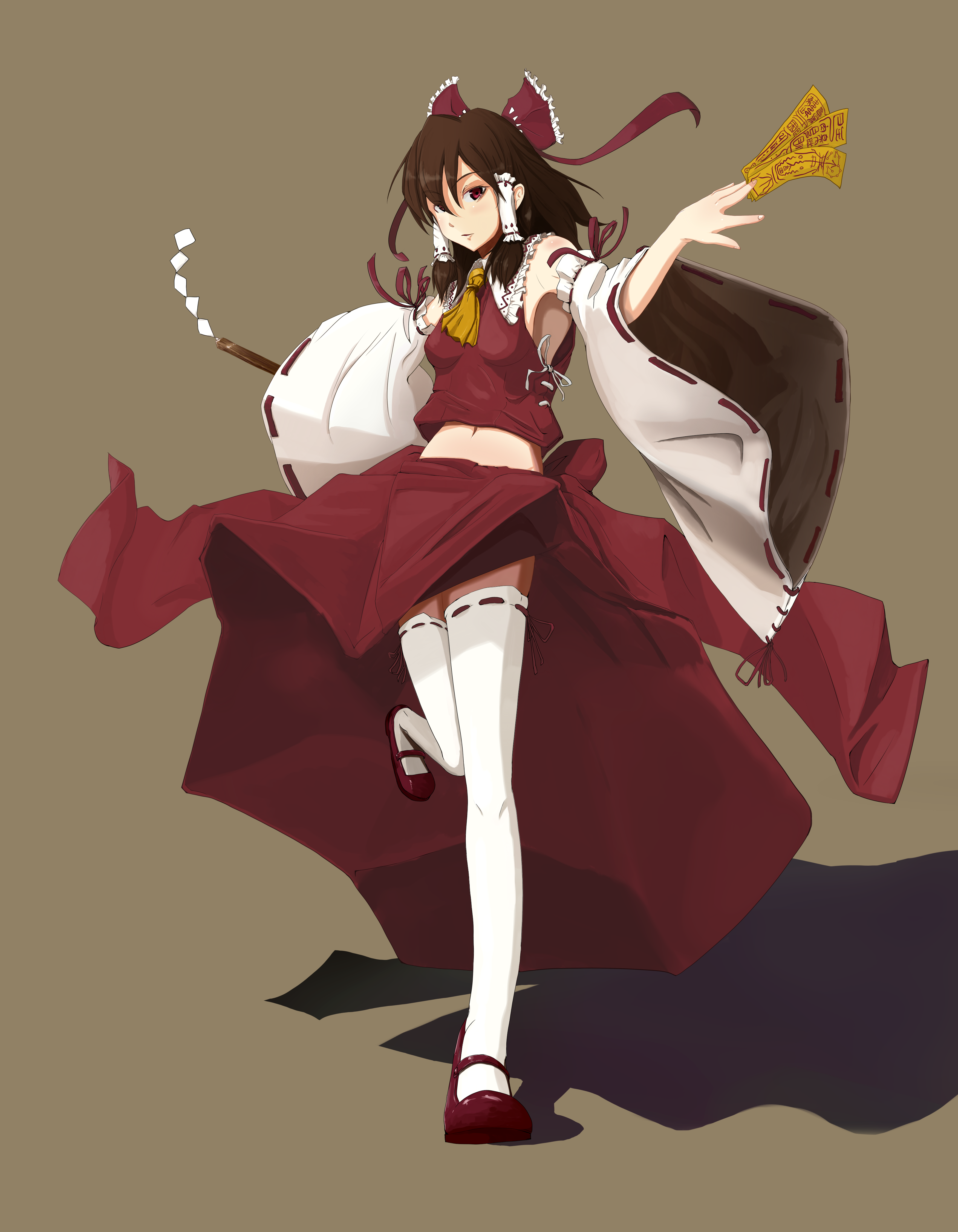 yammy (artist), yammy (cellblo), hakurei reimu, touhou, absurdres, highres, 1girl, bad anatomy, bow, brown hair, detached sleeves, female focus, full body, gohei, hair bow, japanese clothes, long hair, looking at viewer, mary janes, midriff, miko, navel, ofuda, red eyes, shadow, shoes, simple background, skirt, solo, standing, standing on one leg, thighhighs, white thighhighs, wide sleeves