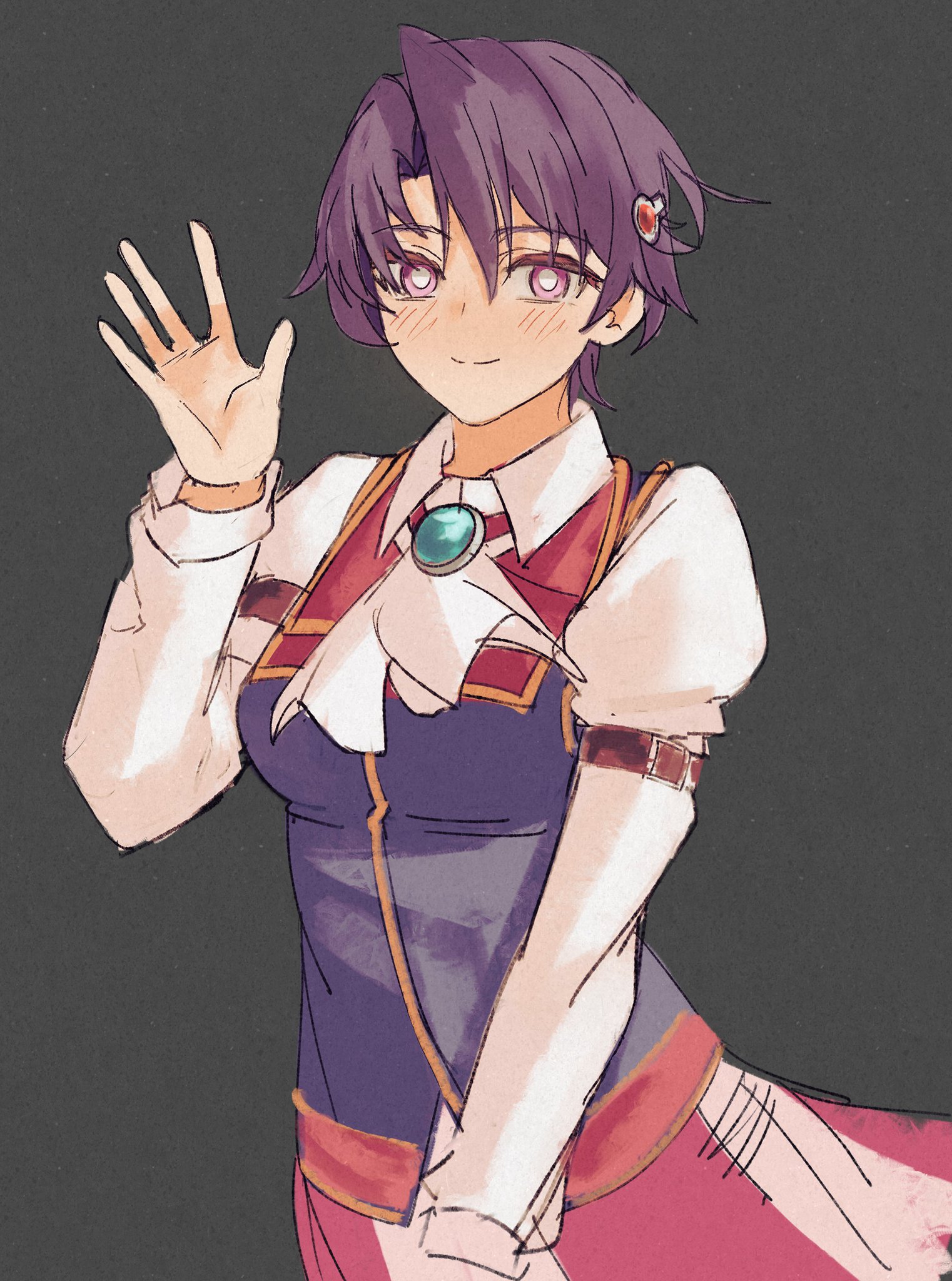 ezekquel, kloe rinz, eiyuu densetsu, sora no kiseki, commentary, english commentary, highres, second-party source, 1girl, ascot, black background, blush, breasts, brooch, closed mouth, curtained hair, folded collar, hair between eyes, hair ornament, hairclip, jewelry, long sleeves, looking at viewer, medium breasts, parted bangs, puffy long sleeves, puffy sleeves, school uniform, short hair, simple background, smile, solo, upper body, waving, white ascot