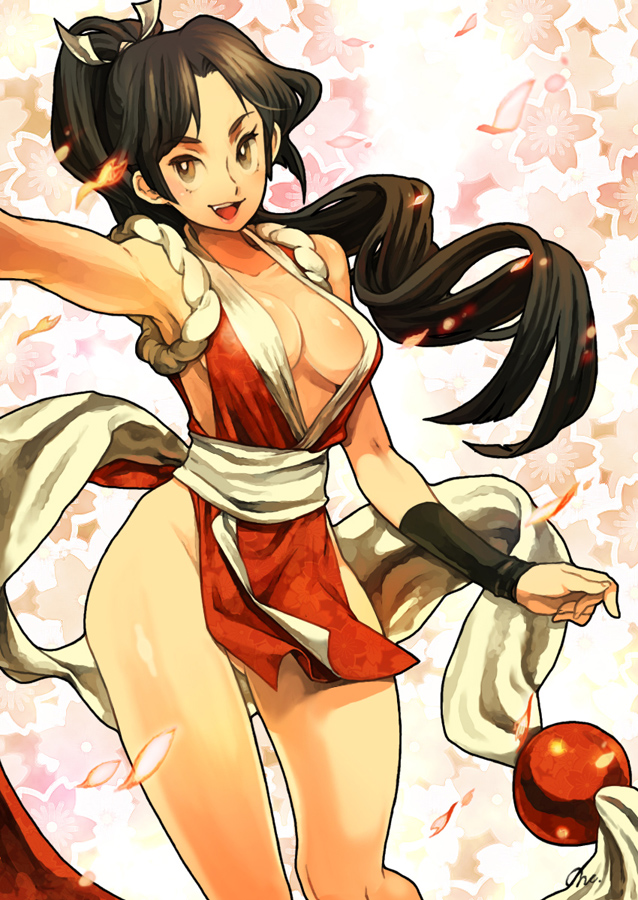 nessie, nessie (kska), shiranui mai, fatal fury, snk, the king of fighters, bad id, bad pixiv id, 1girl, black hair, breasts, brown eyes, brown hair, cleavage, female focus, flower, hip focus, legs, long hair, pelvic curtain, petals, ponytail, revealing clothes, solo