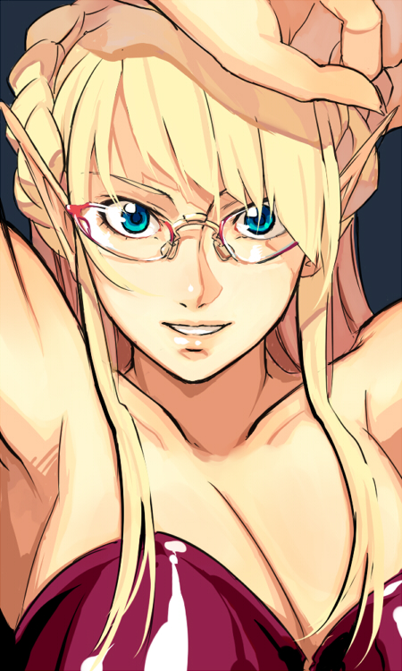 kirio, minami (yuumi kirio), 1girl, armpits, bare shoulders, blonde hair, blue eyes, braid, breasts, cleavage, elf, female focus, glasses, large breasts, pointy ears, solo