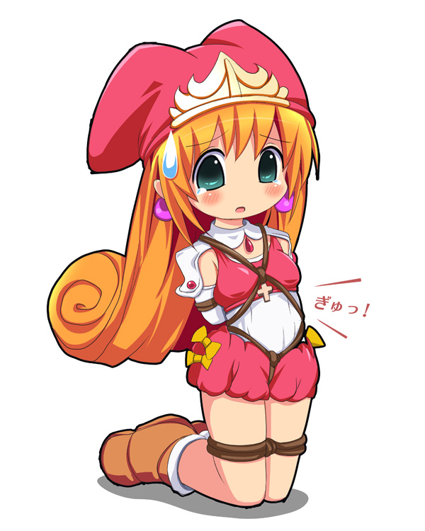 milk (artist), princess kururu, little princess, marl kingdom, nippon ichi, bad id, bad pixiv id, 1girl, bdsm, bondage, bound, chibi, crotch rope, female focus, flipped hair, kneeling, rope, solo, sweatdrop, tears, white background