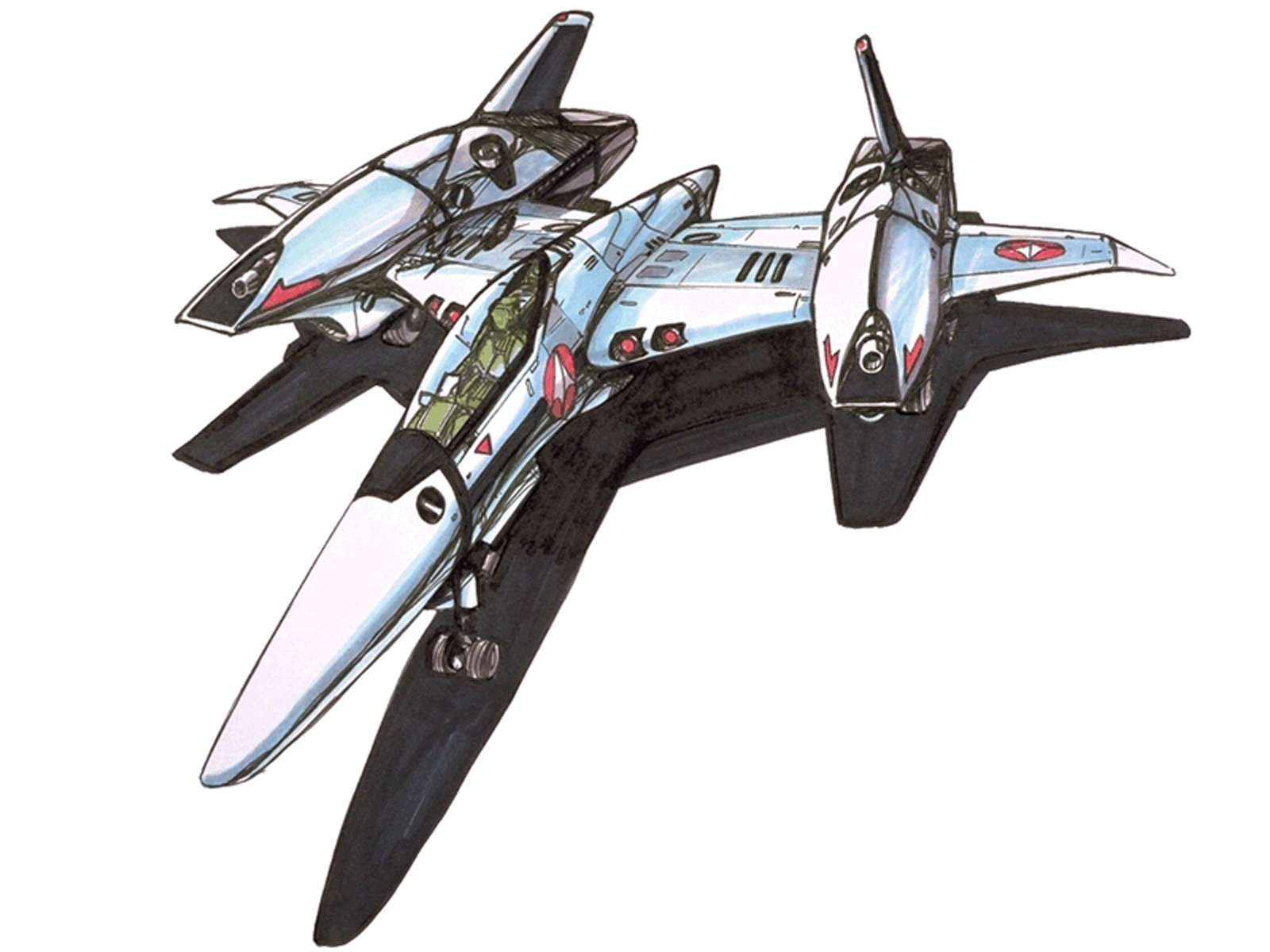 kawamori shouji, vf-4, vfx-4, choujikuu yousai macross, macross, macross flashback 2012, 1980s (style), highres, marker (medium), official art, scan, traditional media, aircraft, airplane, canopy (aircraft), energy cannon, fighter jet, landing gear, military vehicle, no humans, oldschool, production art, retro artstyle, roundel, science fiction, shadow, simple background, solo, u.n. spacy, variable fighter, vehicle focus