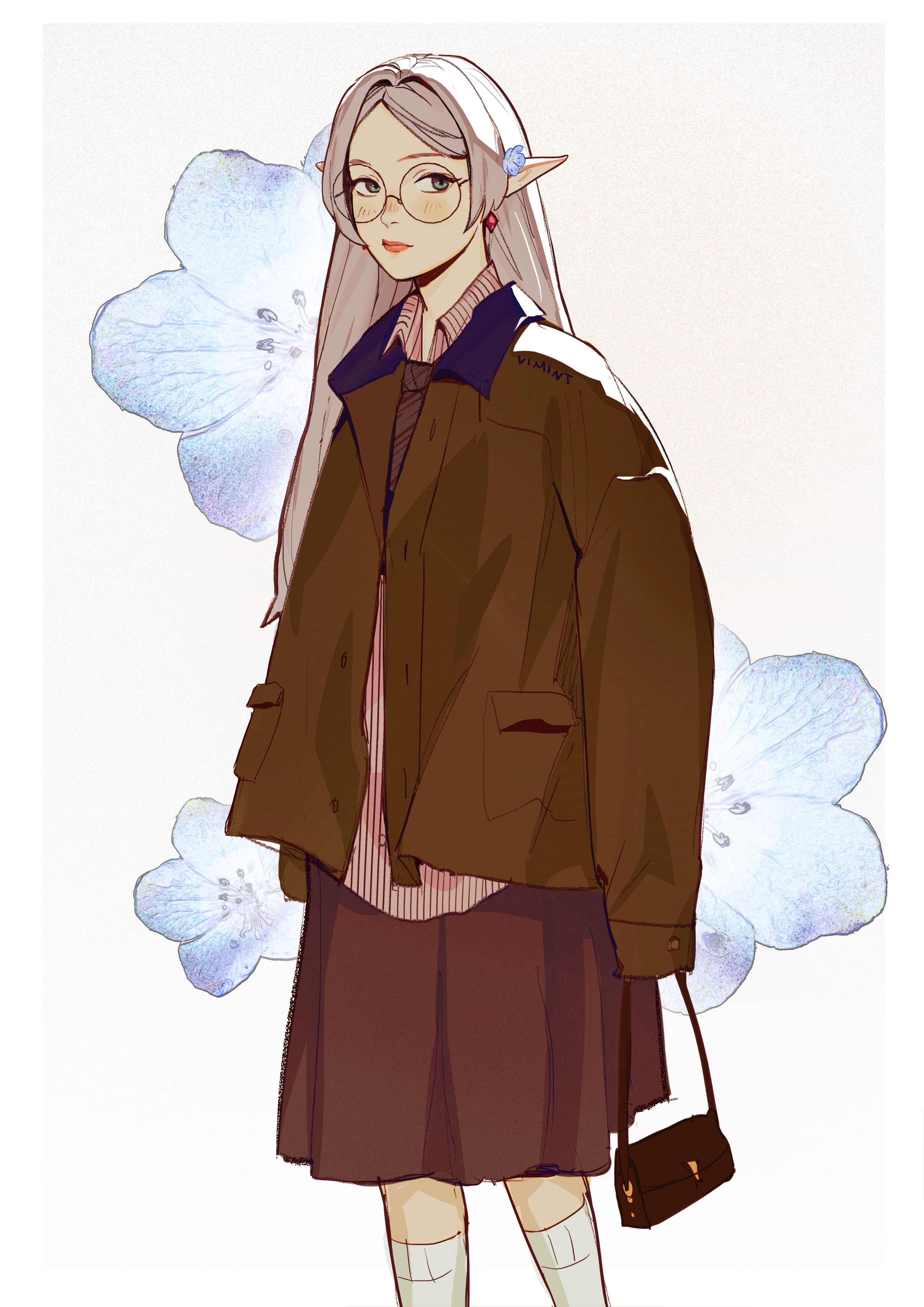 vvvimint, frieren, sousou no frieren, absurdres, highres, 1girl, artist name, bag, blue flower, border, brown coat, brown necktie, brown skirt, closed mouth, coat, collared shirt, cowboy shot, earrings, feet out of frame, floral background, flower, forget-me-not (flower), glasses, grey background, grey hair, hair flower, hair ornament, holding, holding bag, jewelry, light blush, long hair, necktie, parted bangs, pink lips, pointy ears, round eyewear, shirt, skirt, socks, solo, striped clothes, striped shirt, white border, white socks