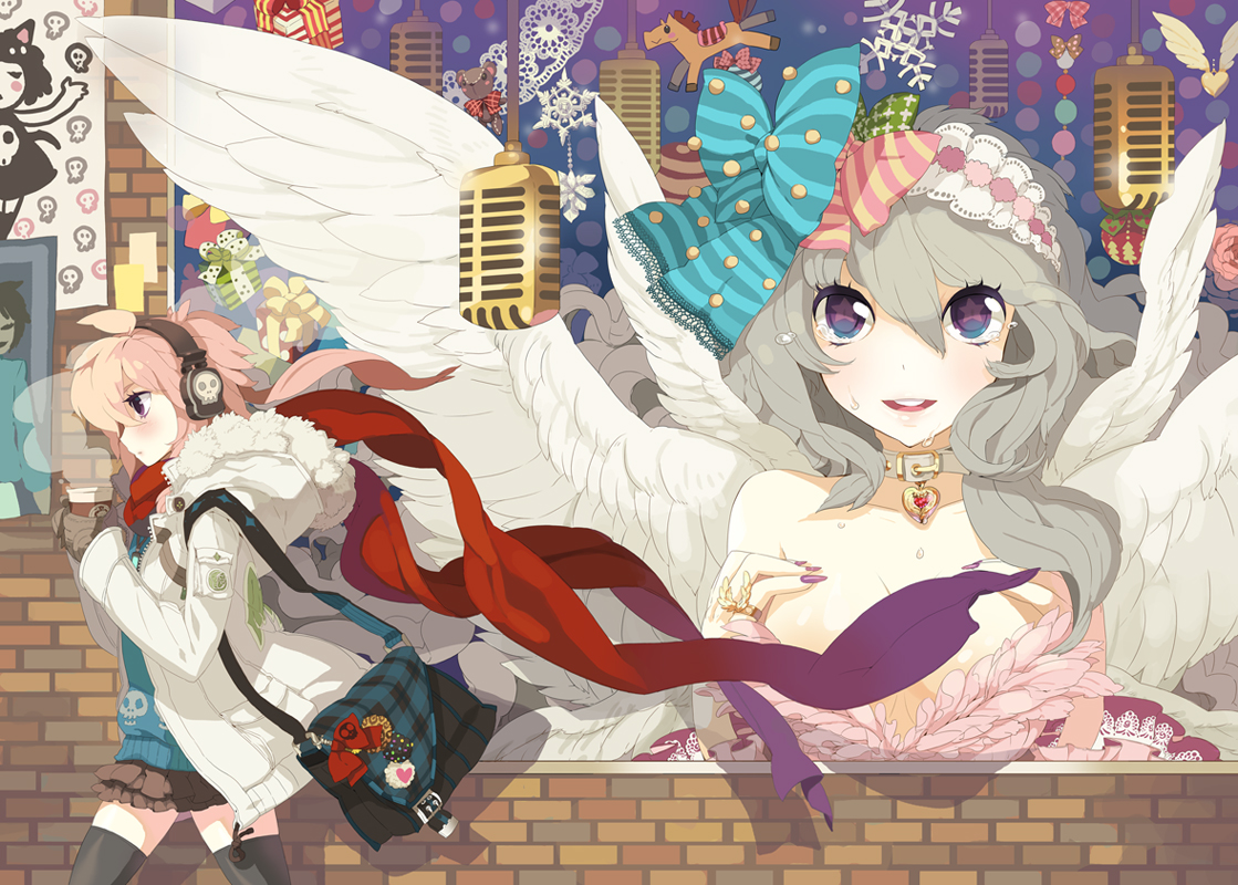 taruk, original, 2girls, angel wings, bag, blush, bow, collar, grey hair, hair bow, headband, headphones, jacket, microphone, multiple girls, pink hair, purple eyes, red scarf, saliva, scarf, steam, studio microphone, sweat, tears, thighhighs, vintage microphone, wings