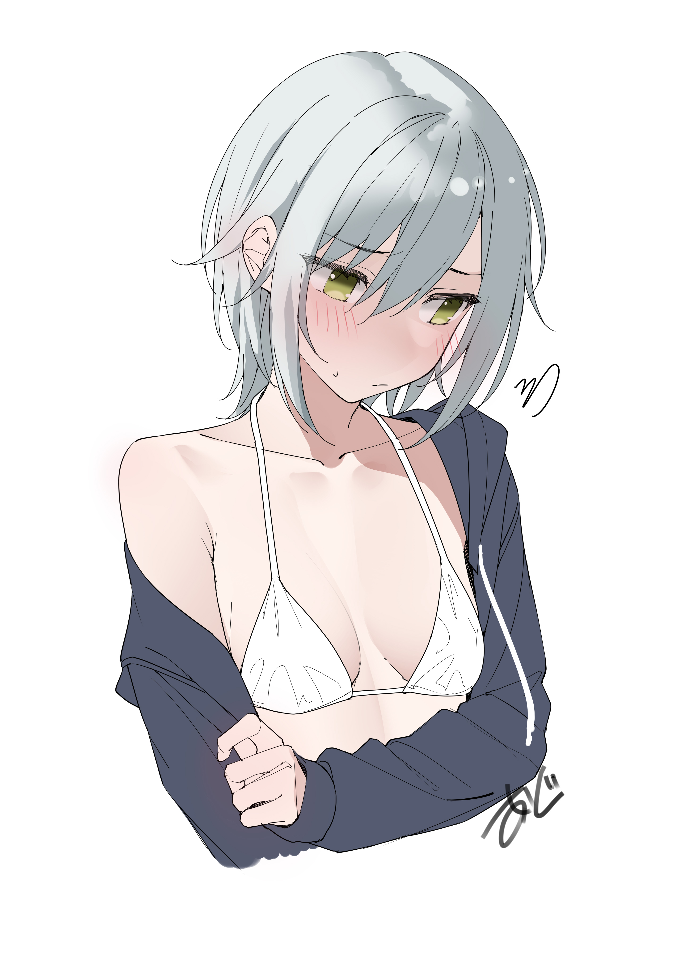 kawai ritsu (rits meg), hinomori shiho, project sekai, absurdres, highres, 1girl, arms under breasts, bikini, black jacket, blush, breasts, breasts apart, closed mouth, collarbone, cropped torso, crossed arms, drawstring, embarrassed, green eyes, grey hair, hair between eyes, halterneck, hood, hood down, hooded jacket, jacket, long sleeves, looking down, no pupils, off shoulder, open clothes, open jacket, short hair, sidelocks, signature, simple background, single bare shoulder, small breasts, solo, squiggle, sweatdrop, swimsuit, upper body, white background, white bikini