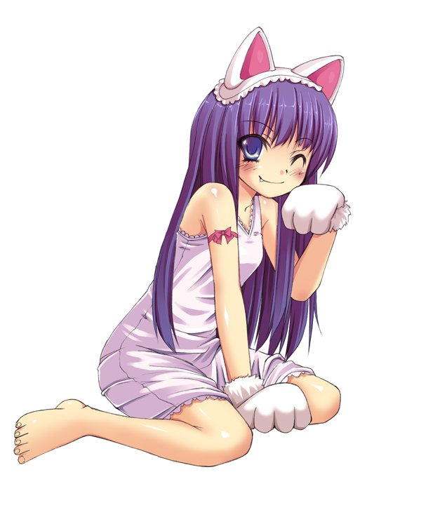 amarotamaro, hazuki (tsukuyomi), tsukuyomi moonphase, 00s, 1girl, animal ears, animal hands, barefoot, blue eyes, cat ears, cat paws, fang, feet, female focus, long hair, one eye closed, purple hair, simple background, solo, wink