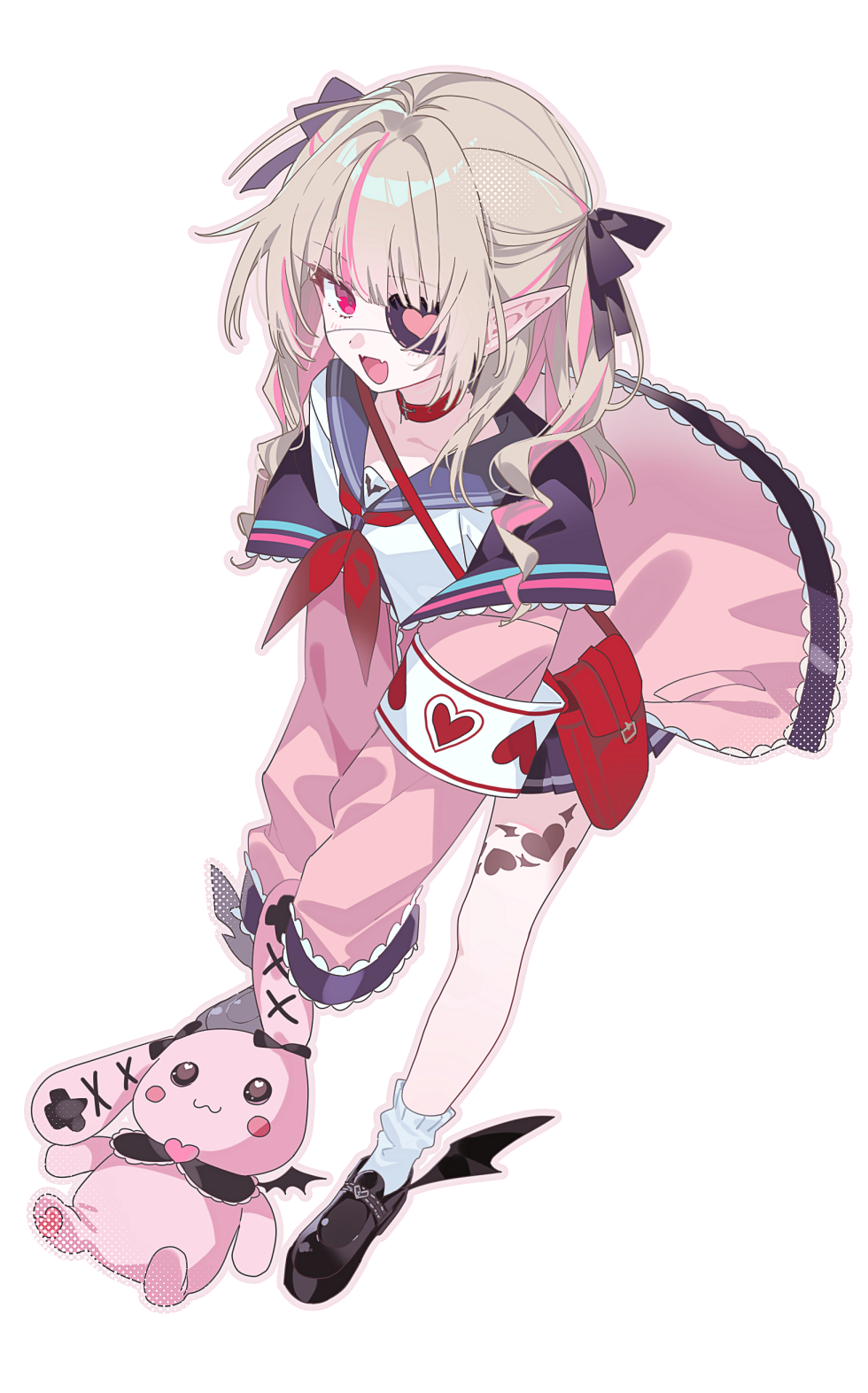 stemiomio, makaino ririmu, makaino ririmu (4th costume), nijisanji, highres, 1girl, :d, armband, bag, black shoes, blue sailor collar, brown hair, choker, eyepatch, fangs, full body, hair intakes, hair ribbon, holding, holding stuffed toy, jacket, loafers, long hair, multicolored hair, neckerchief, off shoulder, open mouth, outline, pink eyes, pink jacket, pleated skirt, pointy ears, red choker, red neckerchief, ribbon, sailor collar, school uniform, serafuku, shirt, shoes, shoulder bag, simple background, skin fangs, skirt, sleeves past fingers, sleeves past wrists, smile, socks, solo, streaked hair, stuffed animal, stuffed rabbit, stuffed toy, two-tone hair, two side up, virtual youtuber, white background, white shirt, white socks, winged heart