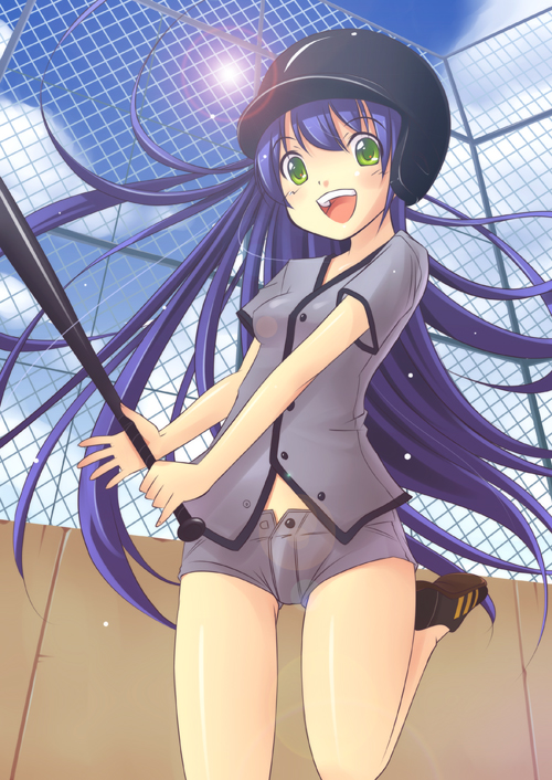 amarotamaro, original, 1girl, :d, baseball bat, baseball helmet, blue hair, female focus, green eyes, helmet, lens flare, long hair, open clothes, open mouth, open shorts, shorts, smile, solo, standing, standing on one leg, unbuttoned